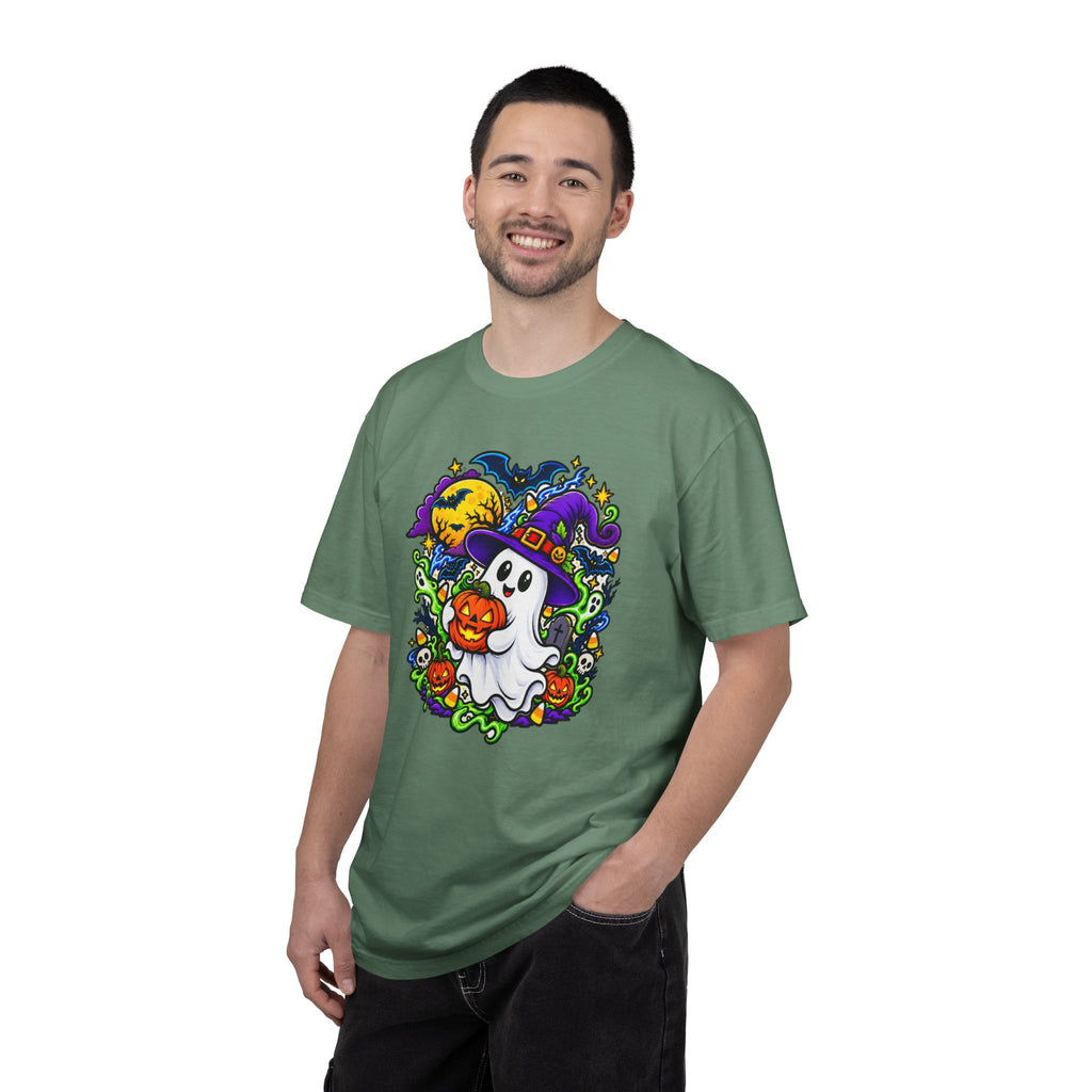 Unisex Halloween Ghost & Pumpkin Tee | Vibrant Spooky Adult Shirt