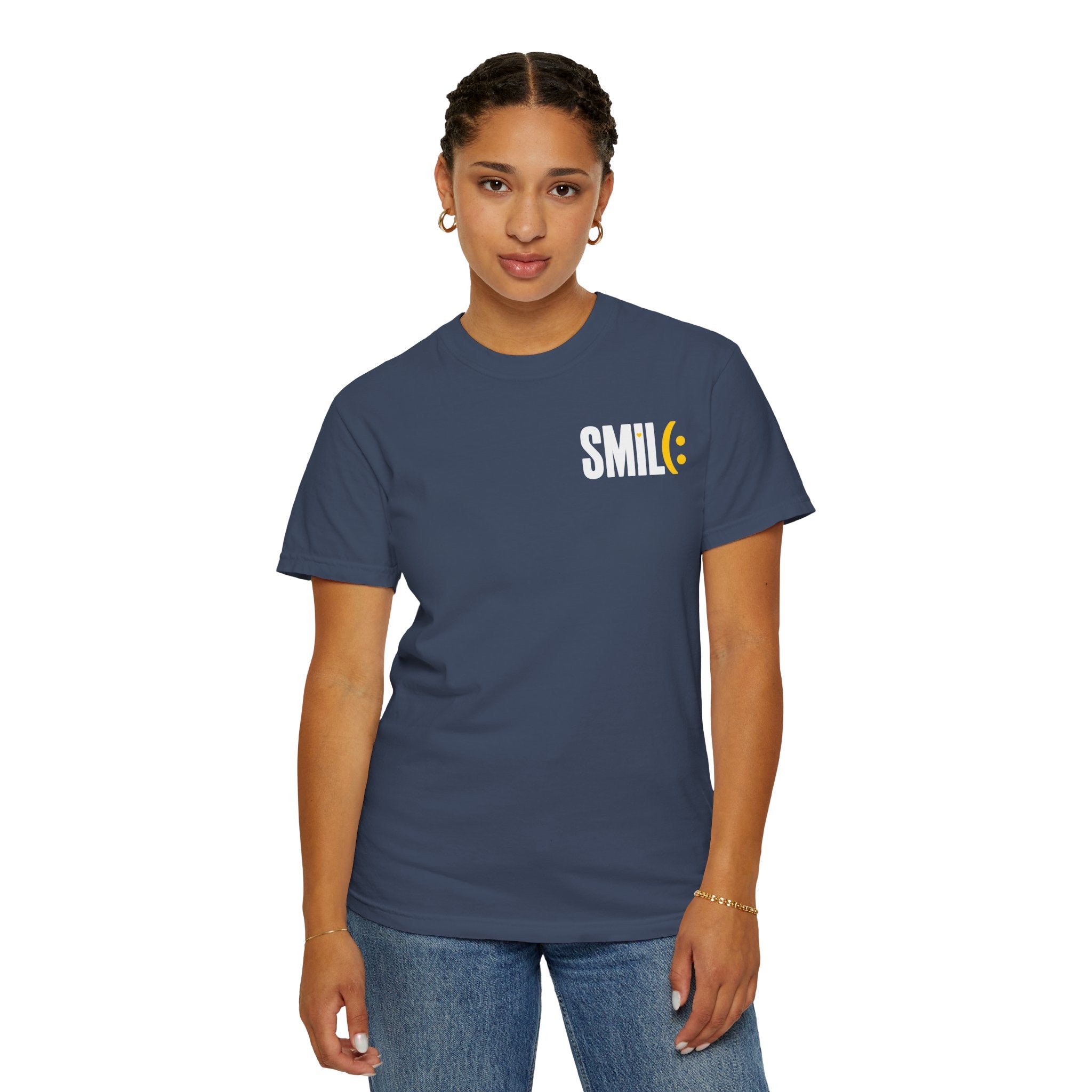 SMIL(: IT’S FREE. White & Yellow Front-and-Back Garment-Dyed Tee