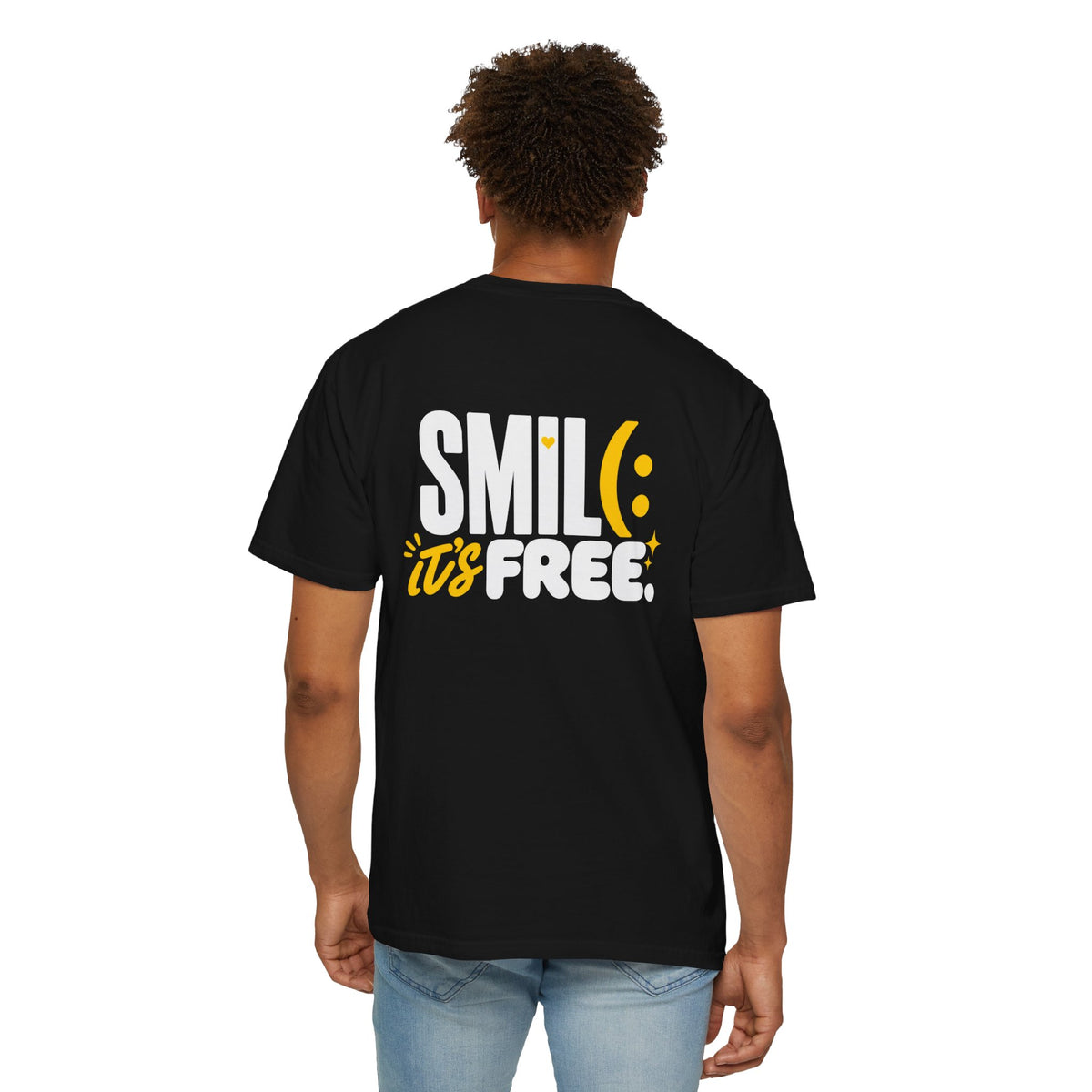 SMIL(: IT’S FREE. White & Yellow Front-and-Back Garment-Dyed Tee