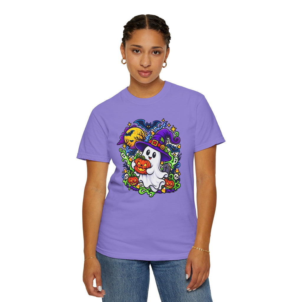 Unisex Halloween Ghost & Pumpkin Tee | Vibrant Spooky Adult Shirt