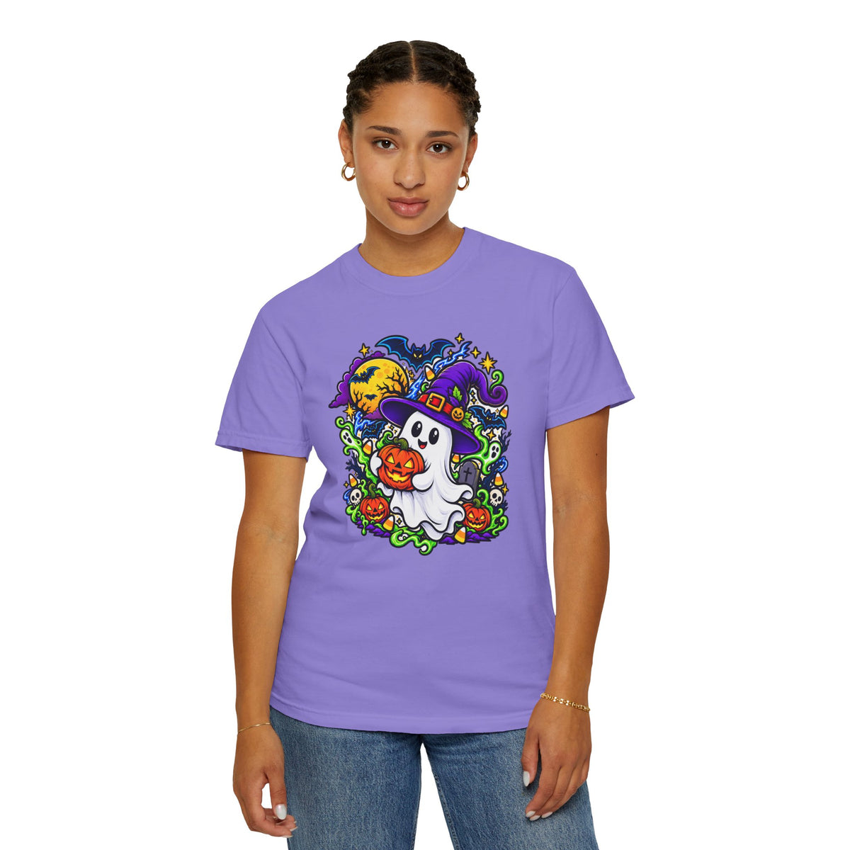 Unisex Halloween Ghost & Pumpkin Tee | Vibrant Spooky Adult Shirt
