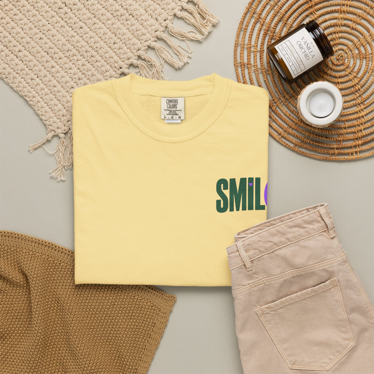 SMIL(: IT’S FREE. Green & Purple Front-and-Back Garment-Dyed Tee