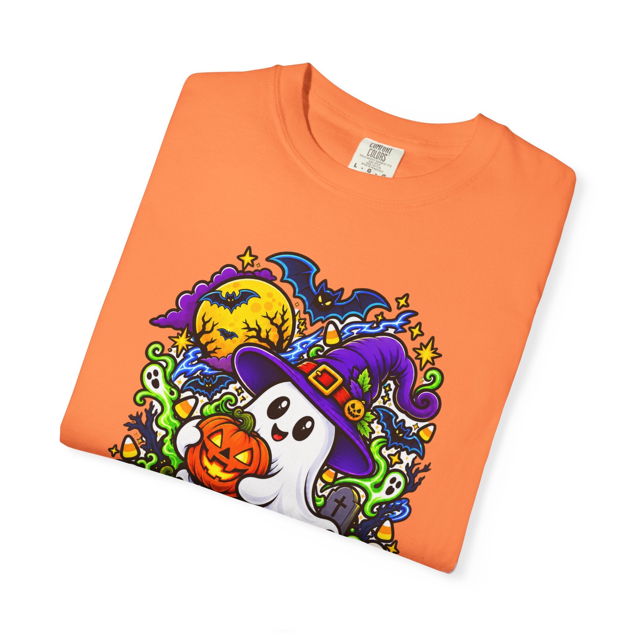 Unisex Halloween Ghost & Pumpkin Tee | Vibrant Spooky Adult Shirt