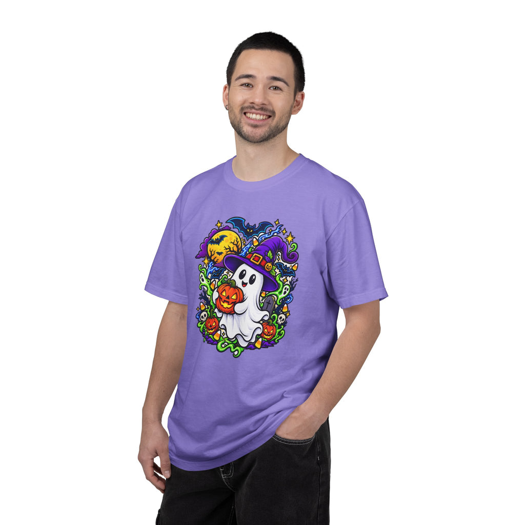 Unisex Halloween Ghost & Pumpkin Tee | Vibrant Spooky Adult Shirt