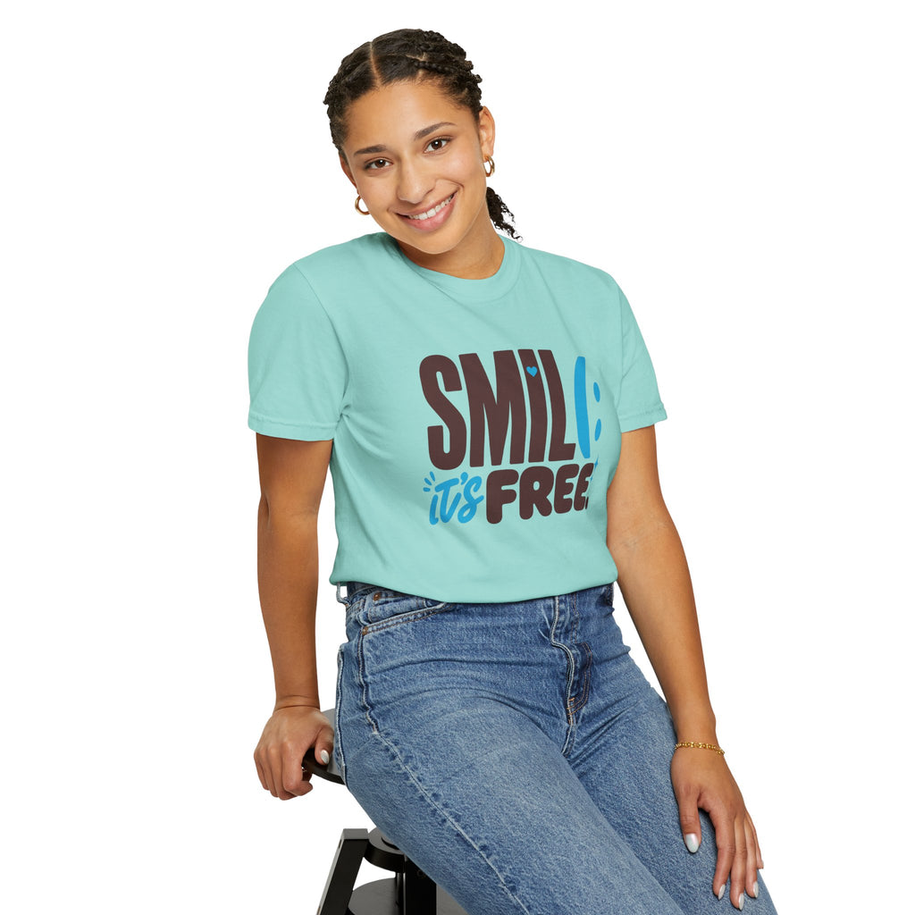 SMIL(: IT’S FREE. Brown & Bright Blue Garment-Dyed Graphic Tee