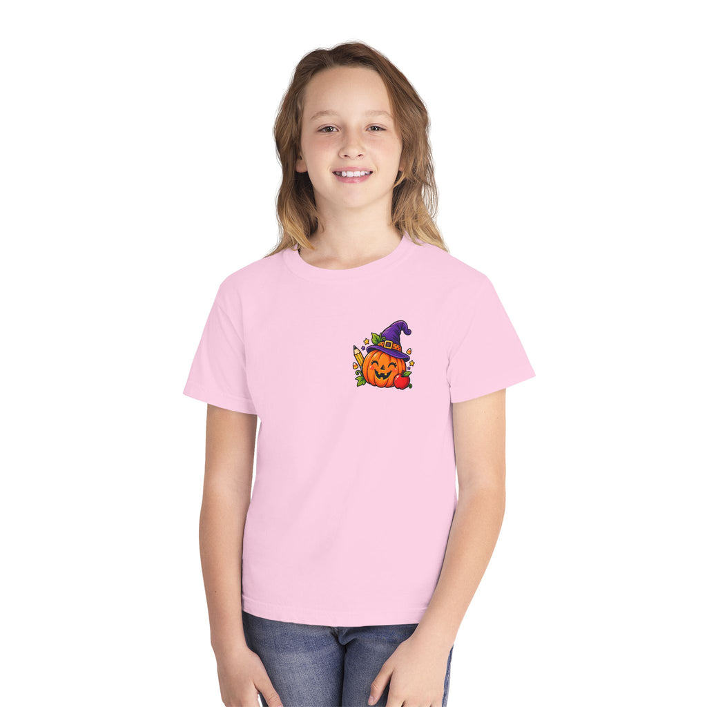Kids Halloween Pumpkin Witch Hat Tee — Cute Jack-O'-Lantern with Apple & Pencils