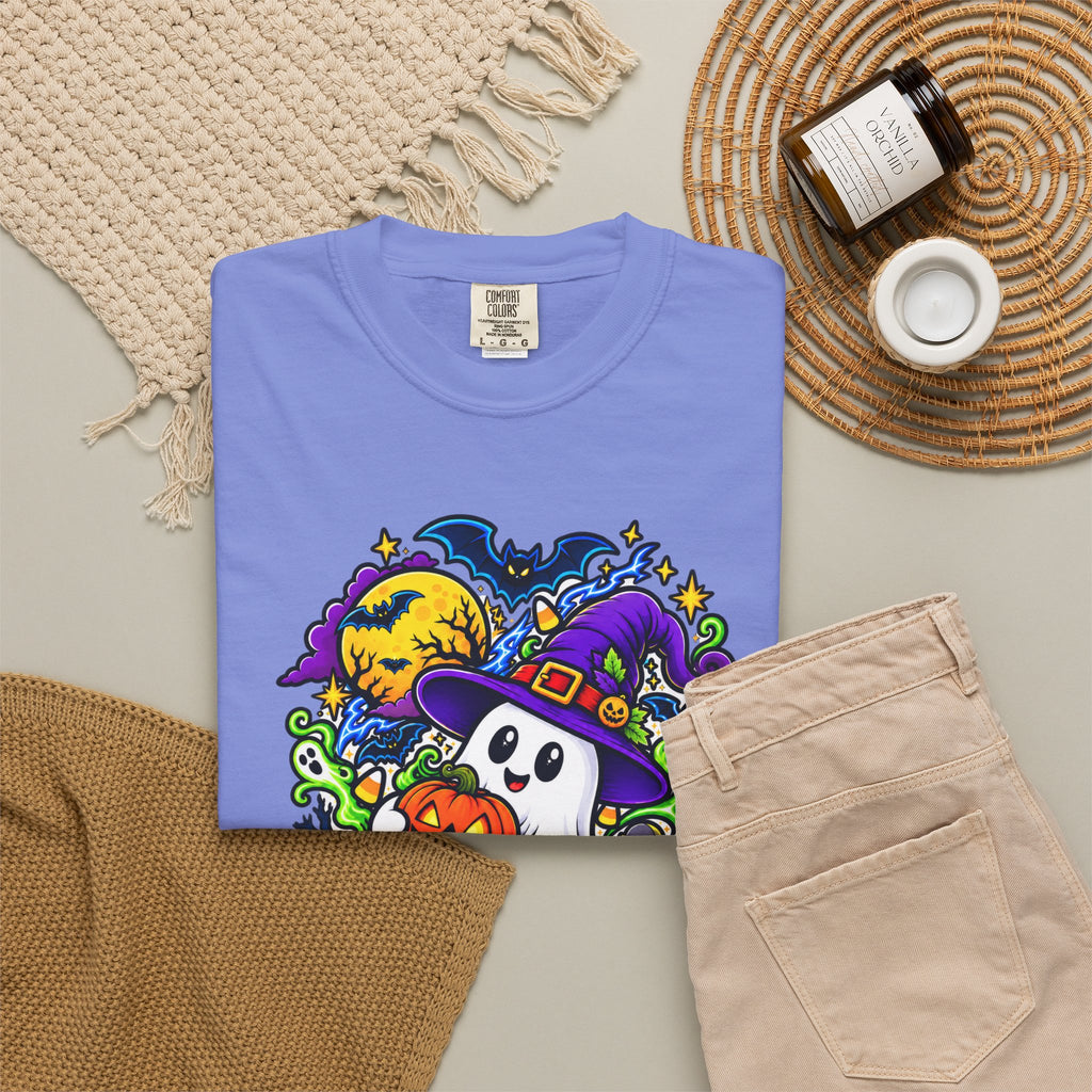 Unisex Halloween Ghost & Pumpkin Tee | Vibrant Spooky Adult Shirt