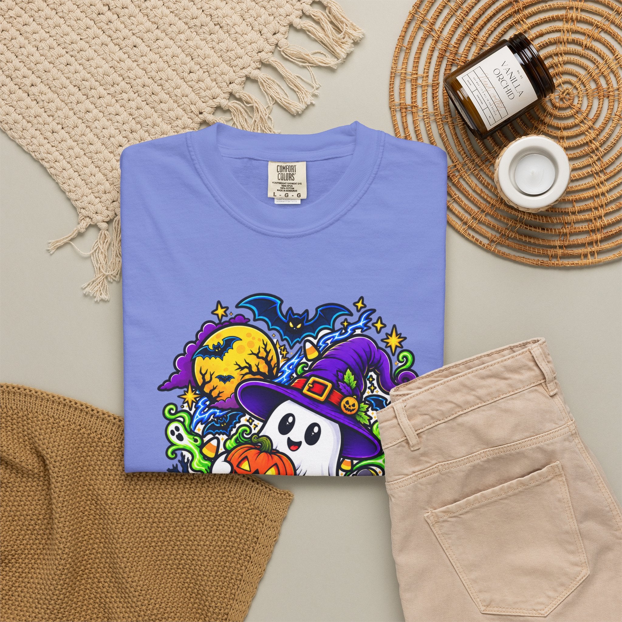 Unisex Halloween Ghost & Pumpkin Tee | Vibrant Spooky Adult Shirt