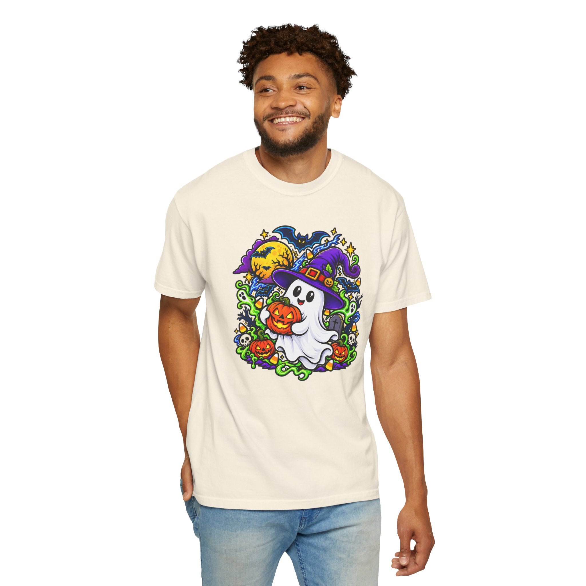 Unisex Halloween Ghost & Pumpkin Tee | Vibrant Spooky Adult Shirt