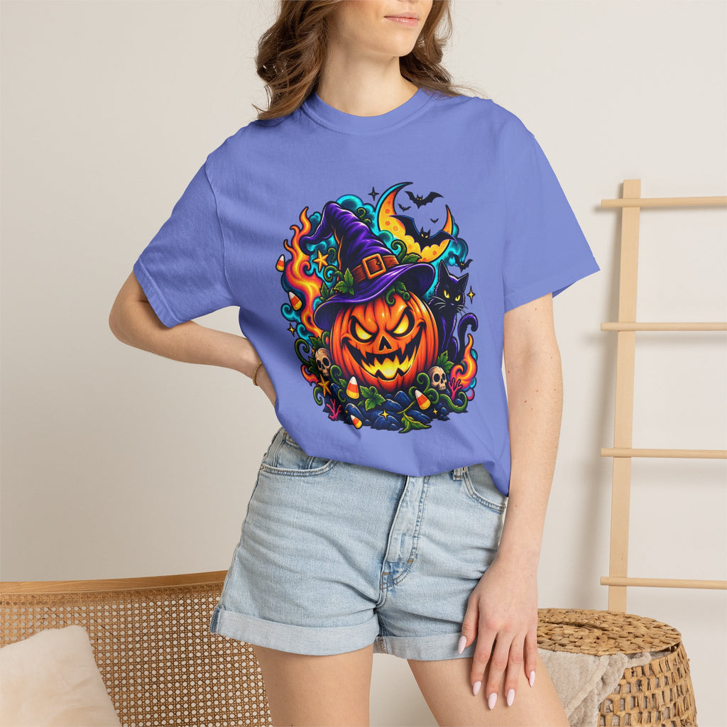 Unisex Halloween Pumpkin & Black Cat T-Shirt | Colorful Spooky Adult Tee