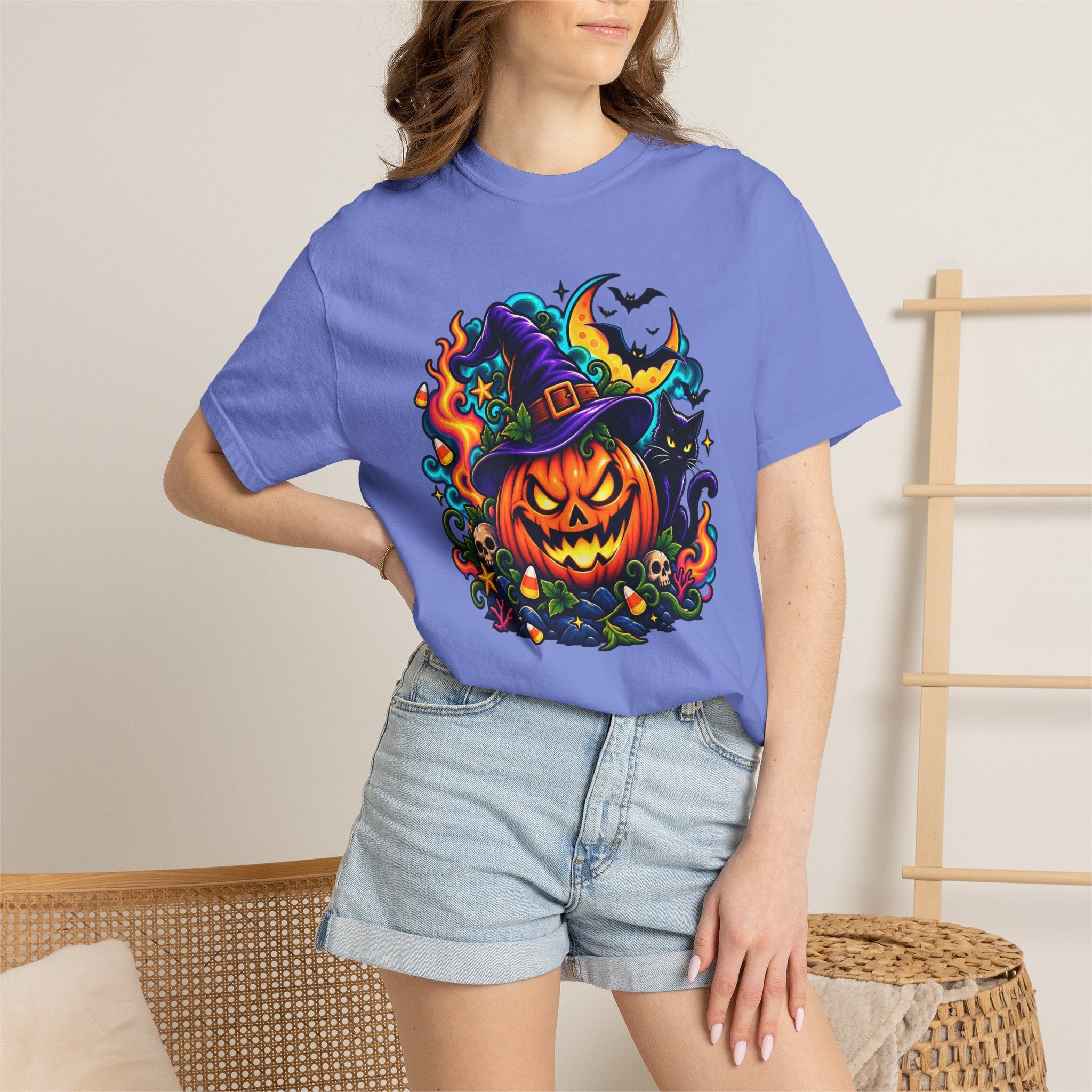 Unisex Halloween Pumpkin & Black Cat T-Shirt | Colorful Spooky Adult Tee
