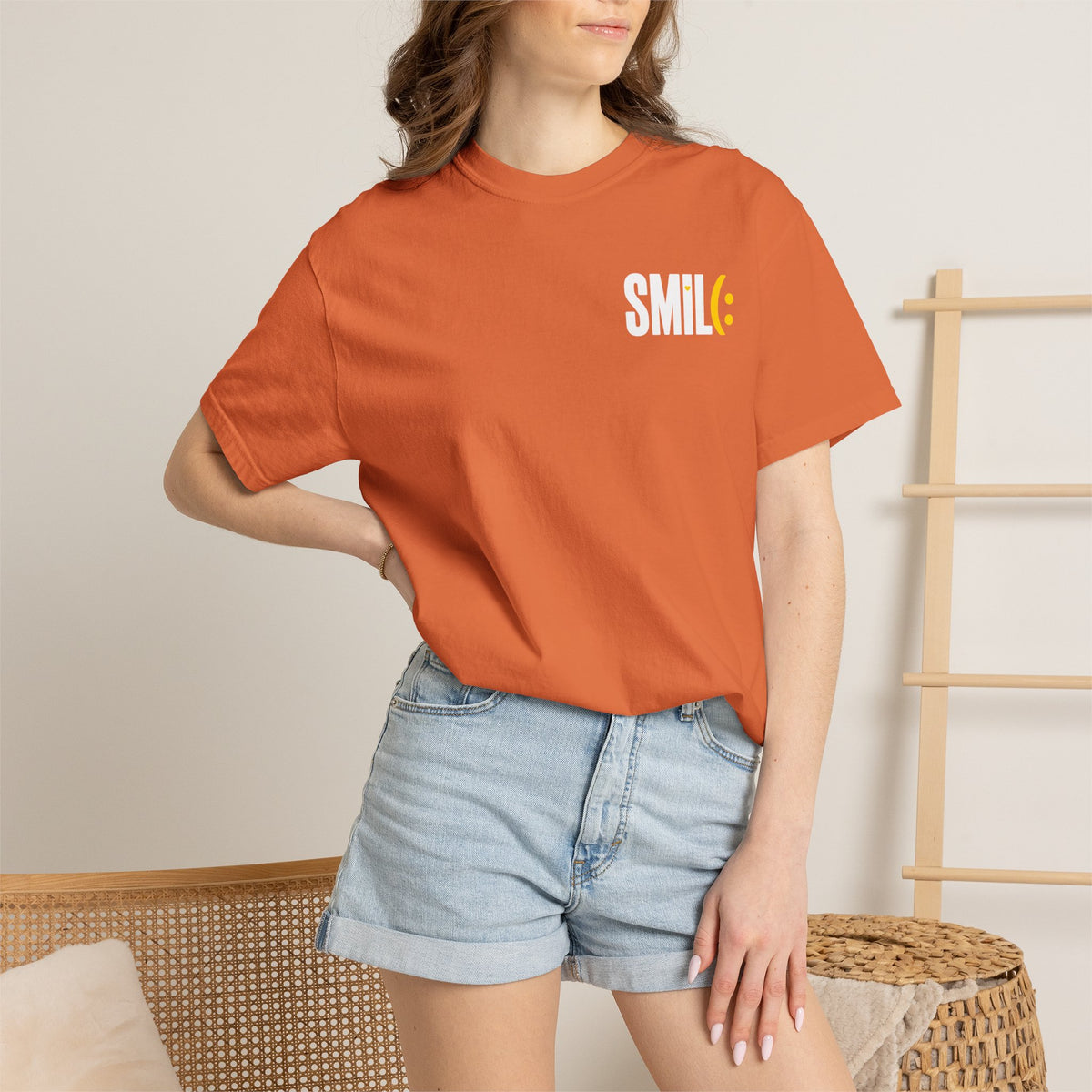 SMIL(: IT’S FREE. White & Yellow Front-and-Back Garment-Dyed Tee