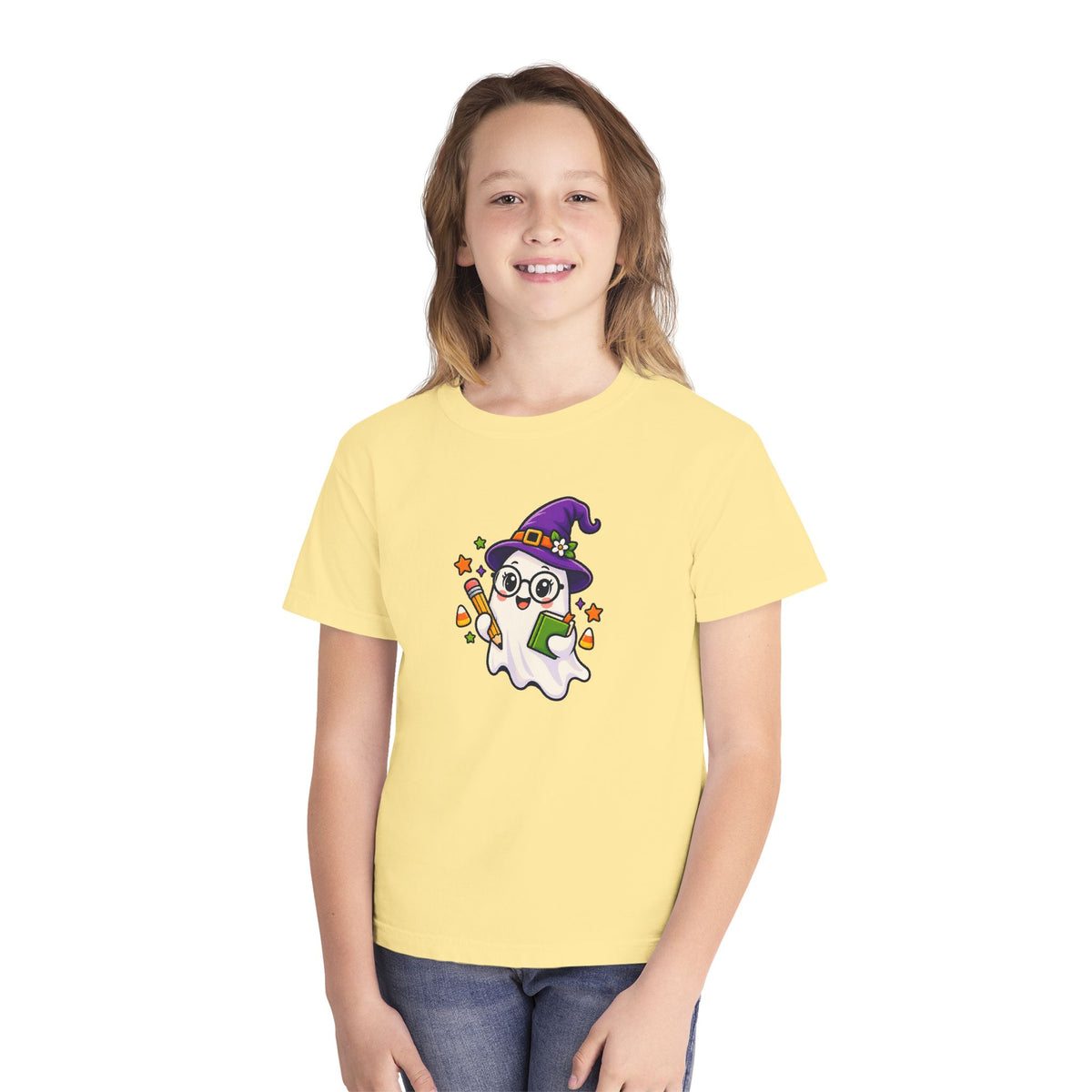 Kids Halloween Ghost Tee — Cute Witch Hat Ghost with Candy Corn & Trick-or-Treat Book