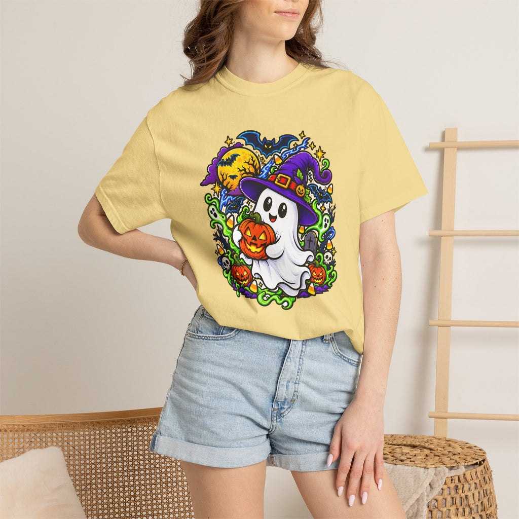 Unisex Halloween Ghost & Pumpkin Tee | Vibrant Spooky Adult Shirt