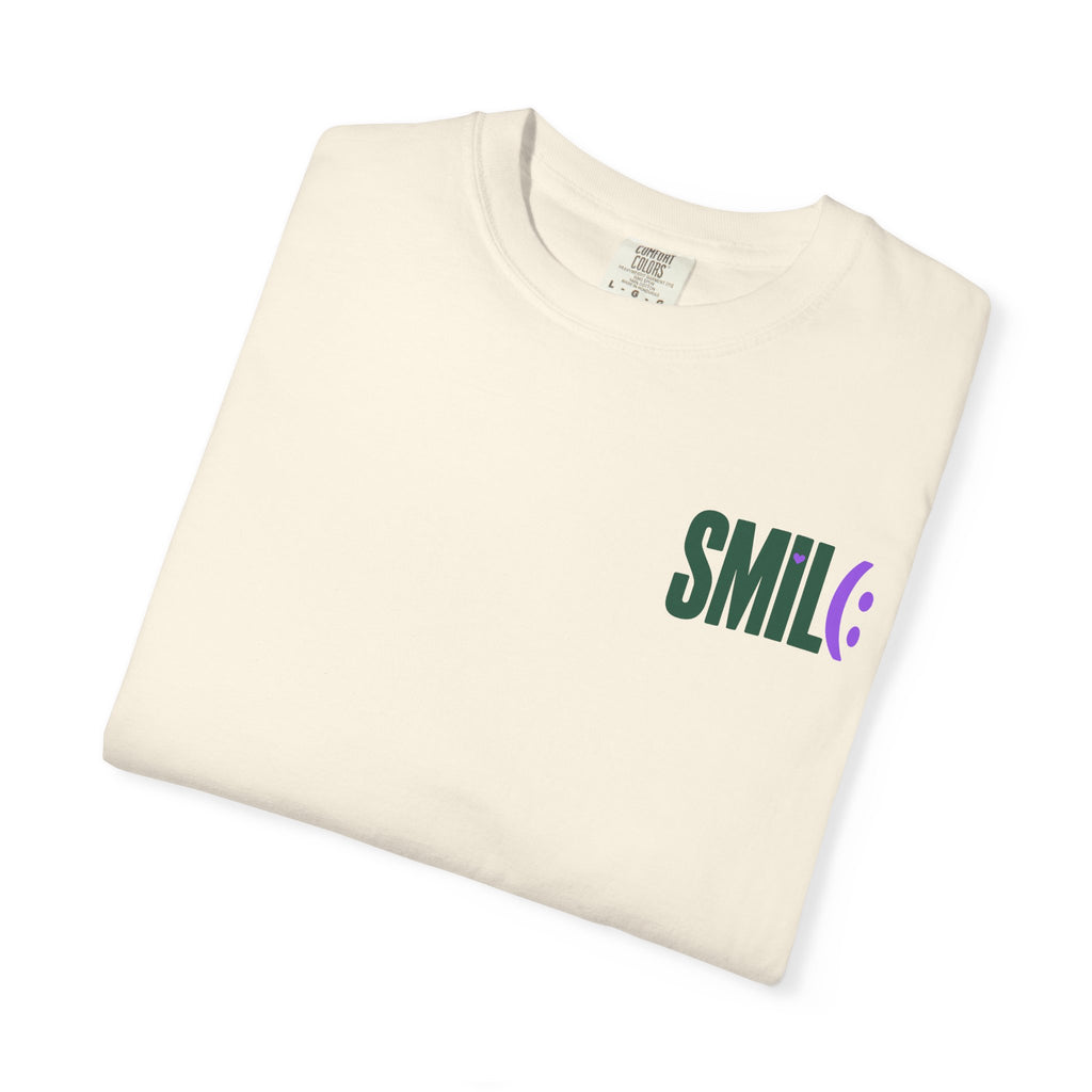 SMIL(: IT’S FREE. Green & Purple Front-and-Back Garment-Dyed Tee