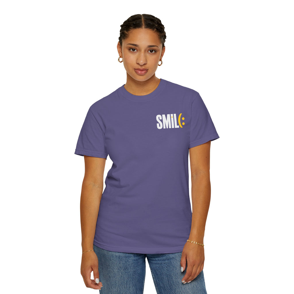 SMIL(: IT’S FREE. White & Yellow Front-and-Back Garment-Dyed Tee