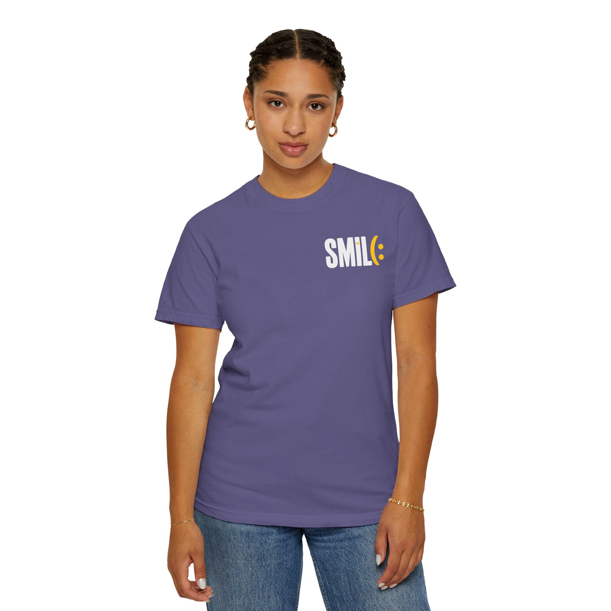 SMIL(: IT’S FREE. White & Yellow Front-and-Back Garment-Dyed Tee