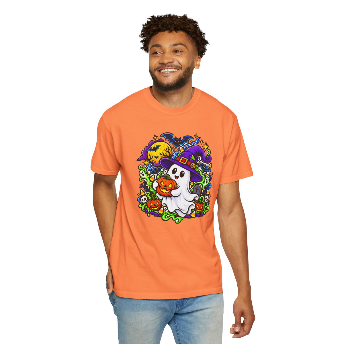 Unisex Halloween Ghost & Pumpkin Tee | Vibrant Spooky Adult Shirt