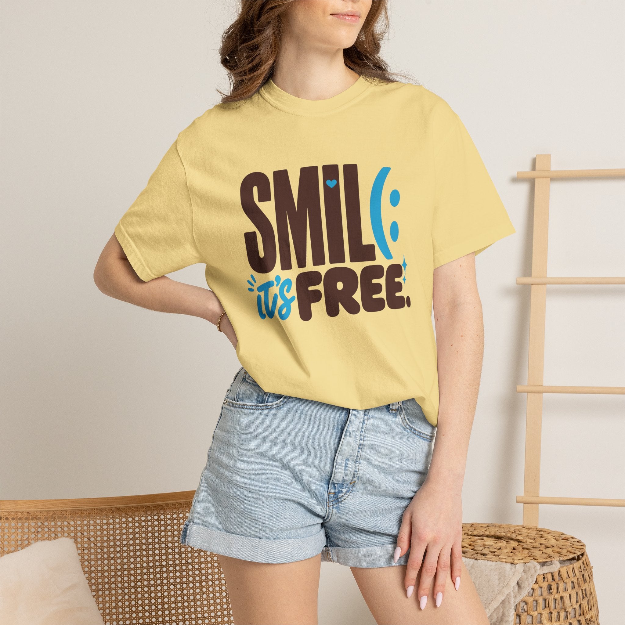SMIL(: IT’S FREE. Brown & Bright Blue Garment-Dyed Graphic Tee