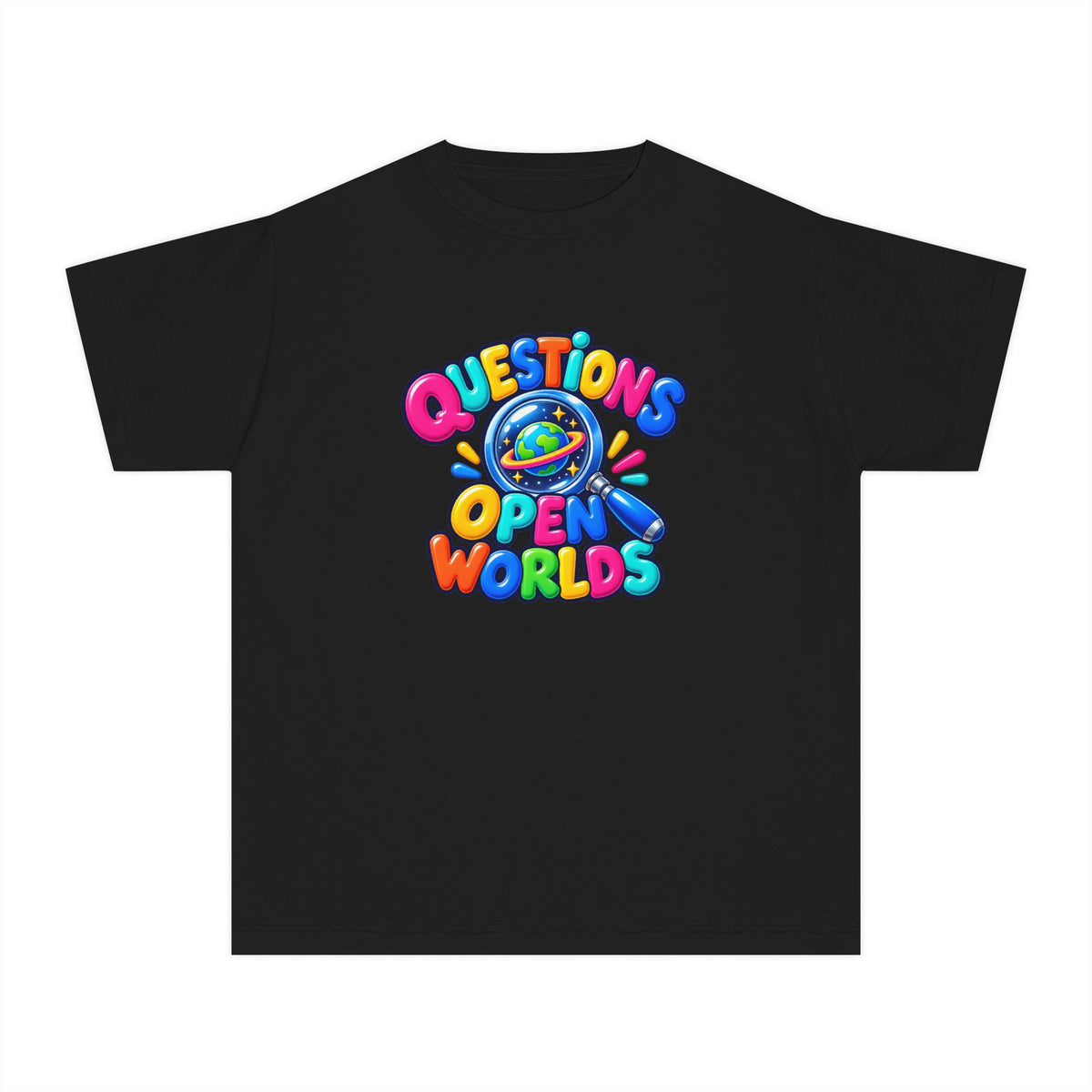 🌍 Questions Open Worlds Colorful Space Graphic Youth Tee