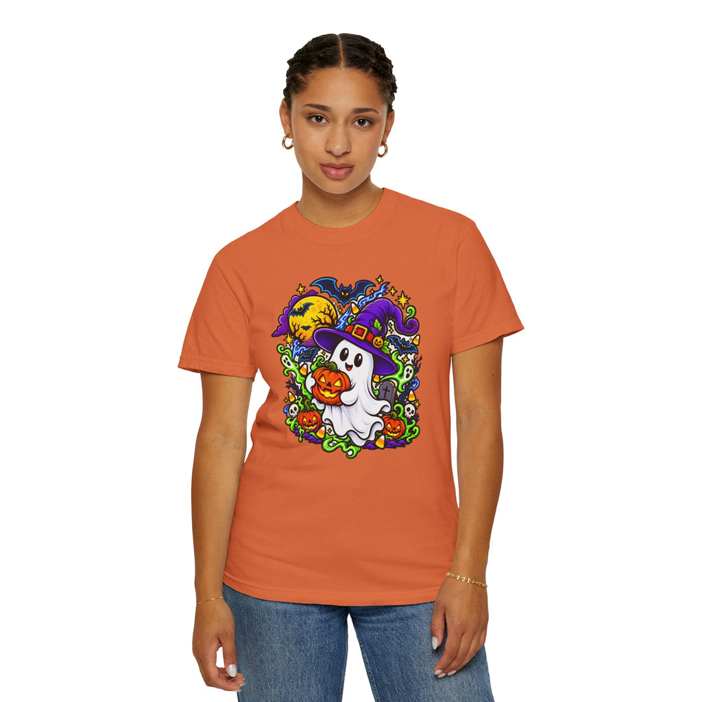 Unisex Halloween Ghost & Pumpkin Tee | Vibrant Spooky Adult Shirt