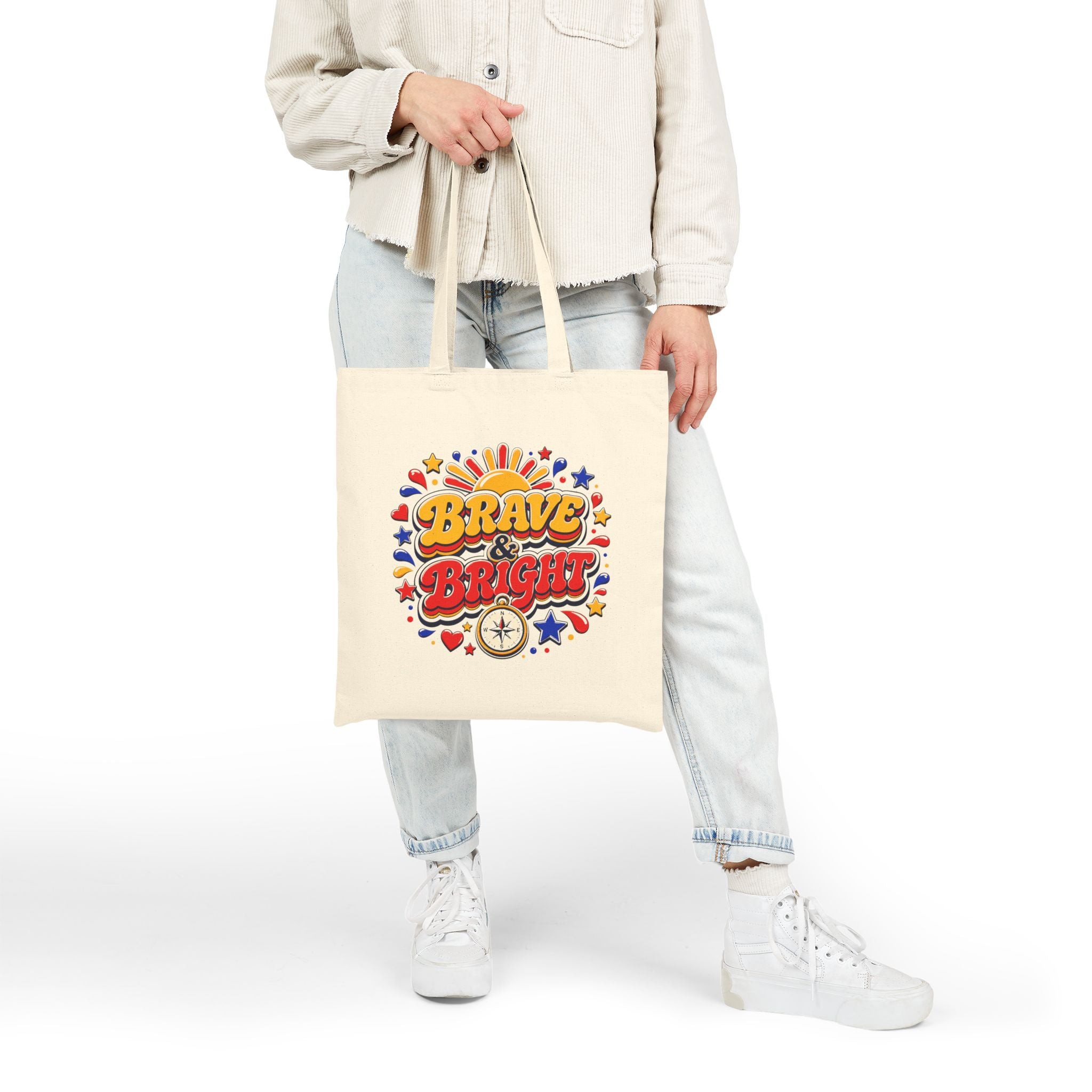 Brave and Bright - 70s Style Retro Compass and Sun Graphic Tote Bag
