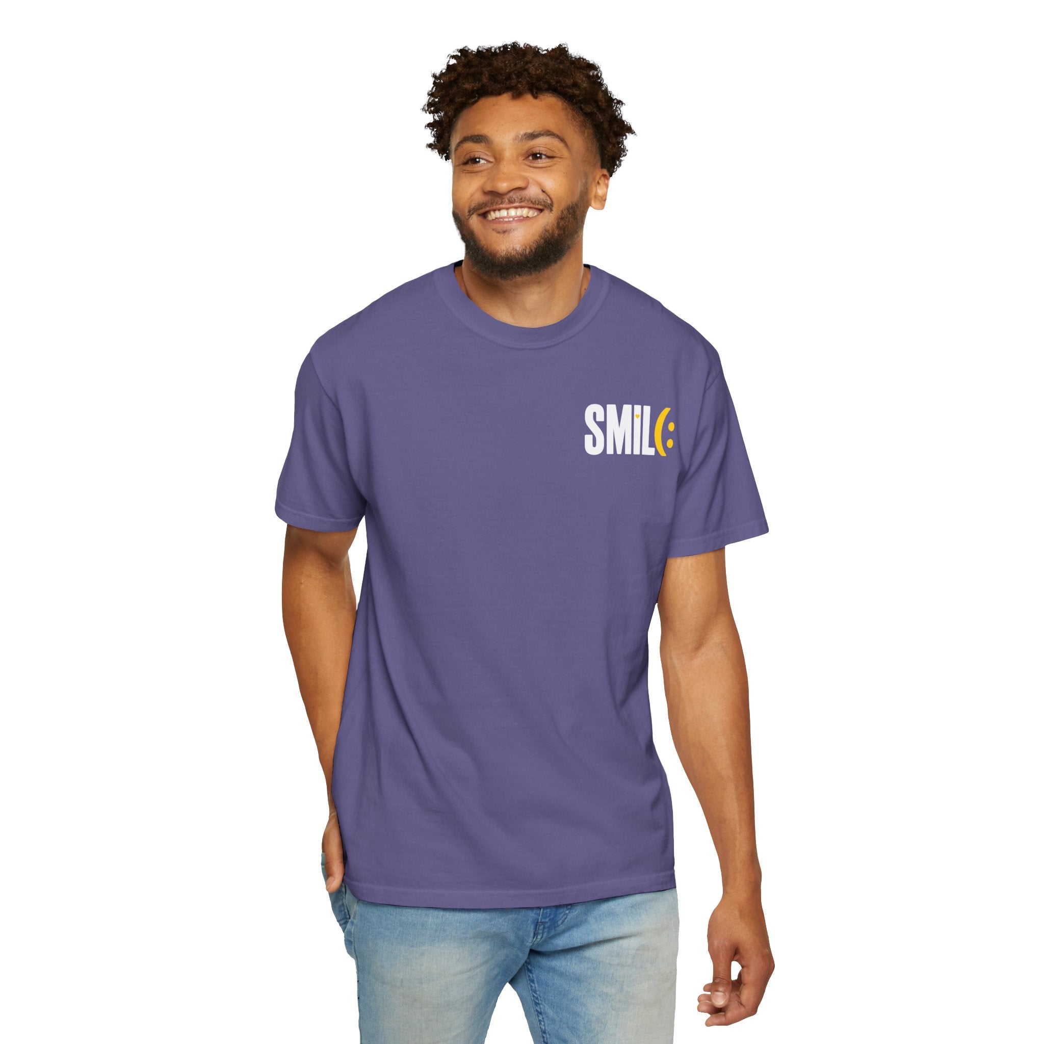 SMIL(: IT’S FREE. White & Yellow Front-and-Back Garment-Dyed Tee