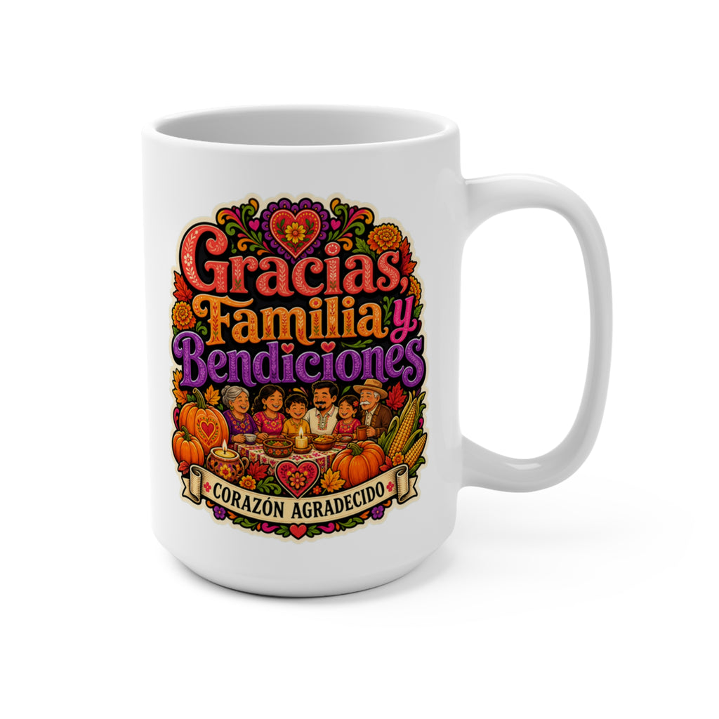 Gracias Familia Bendiciones Mug - Corazón Agradecido Coffee Cup - Hispanic Family Gratitude Gift for Latina Moms, Abuelas and Loved Ones