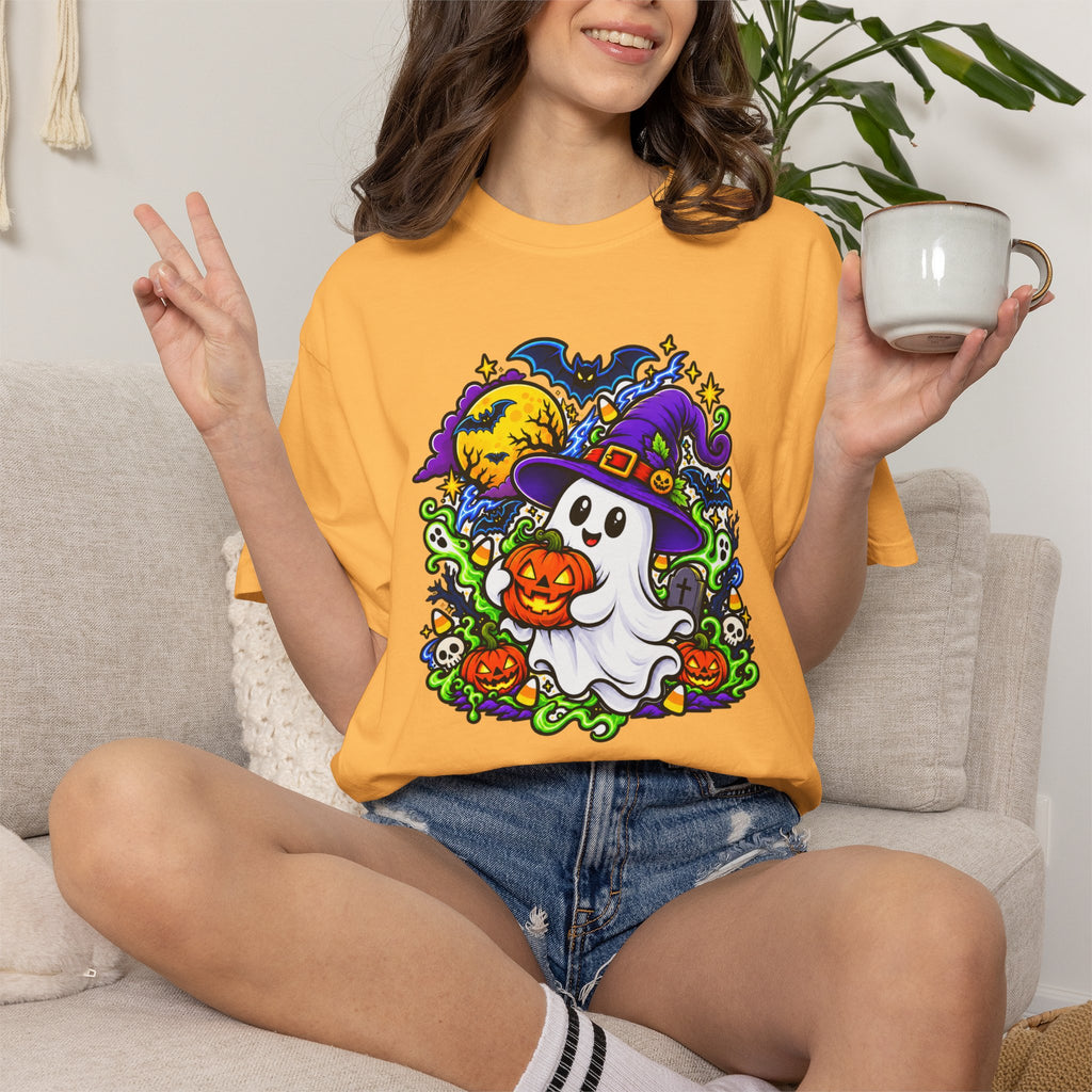 Unisex Halloween Ghost & Pumpkin Tee | Vibrant Spooky Adult Shirt