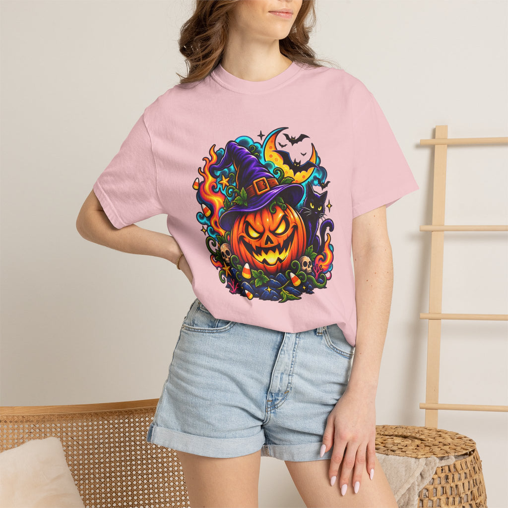Unisex Halloween Pumpkin & Black Cat T-Shirt | Colorful Spooky Adult Tee