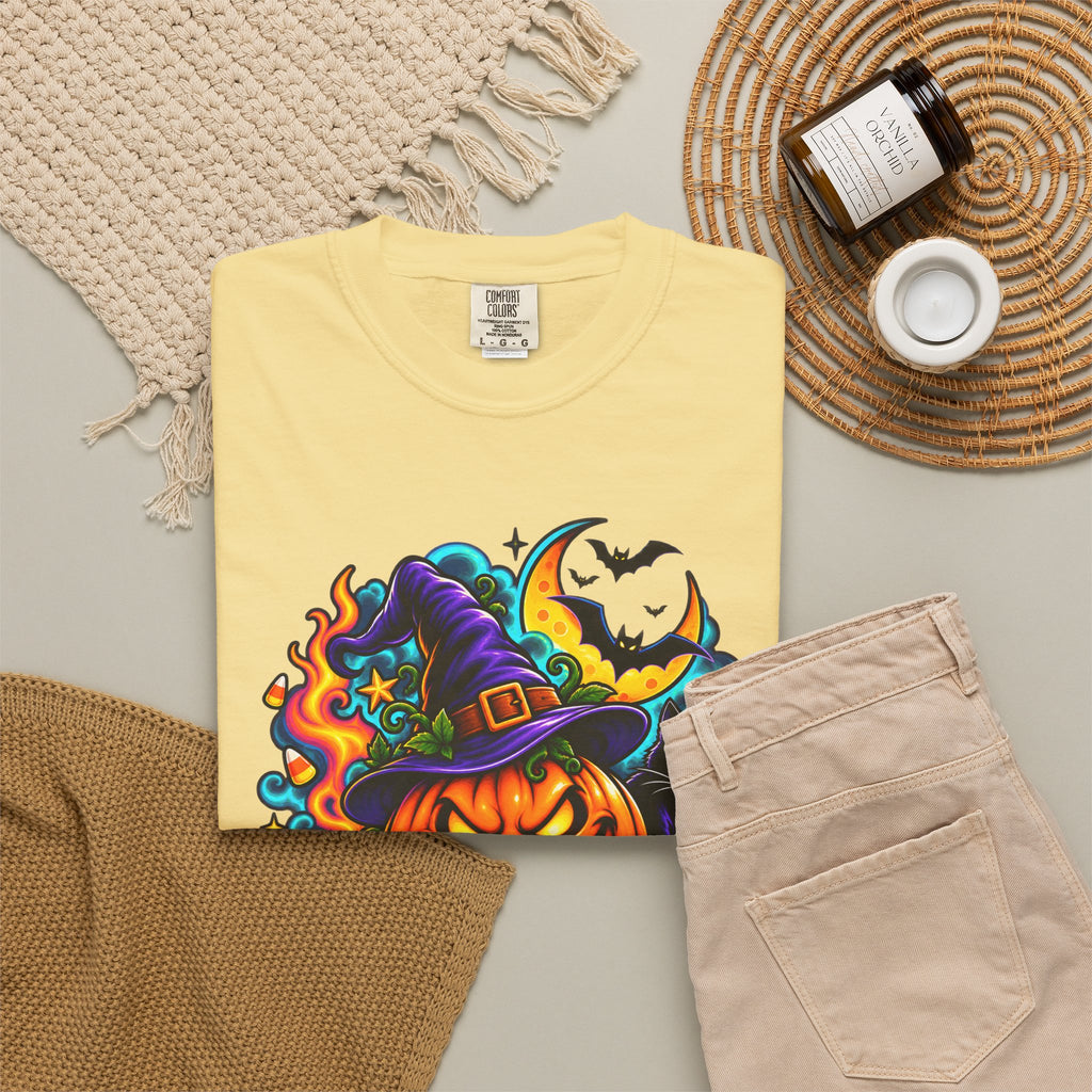 Unisex Halloween Pumpkin & Black Cat T-Shirt | Colorful Spooky Adult Tee
