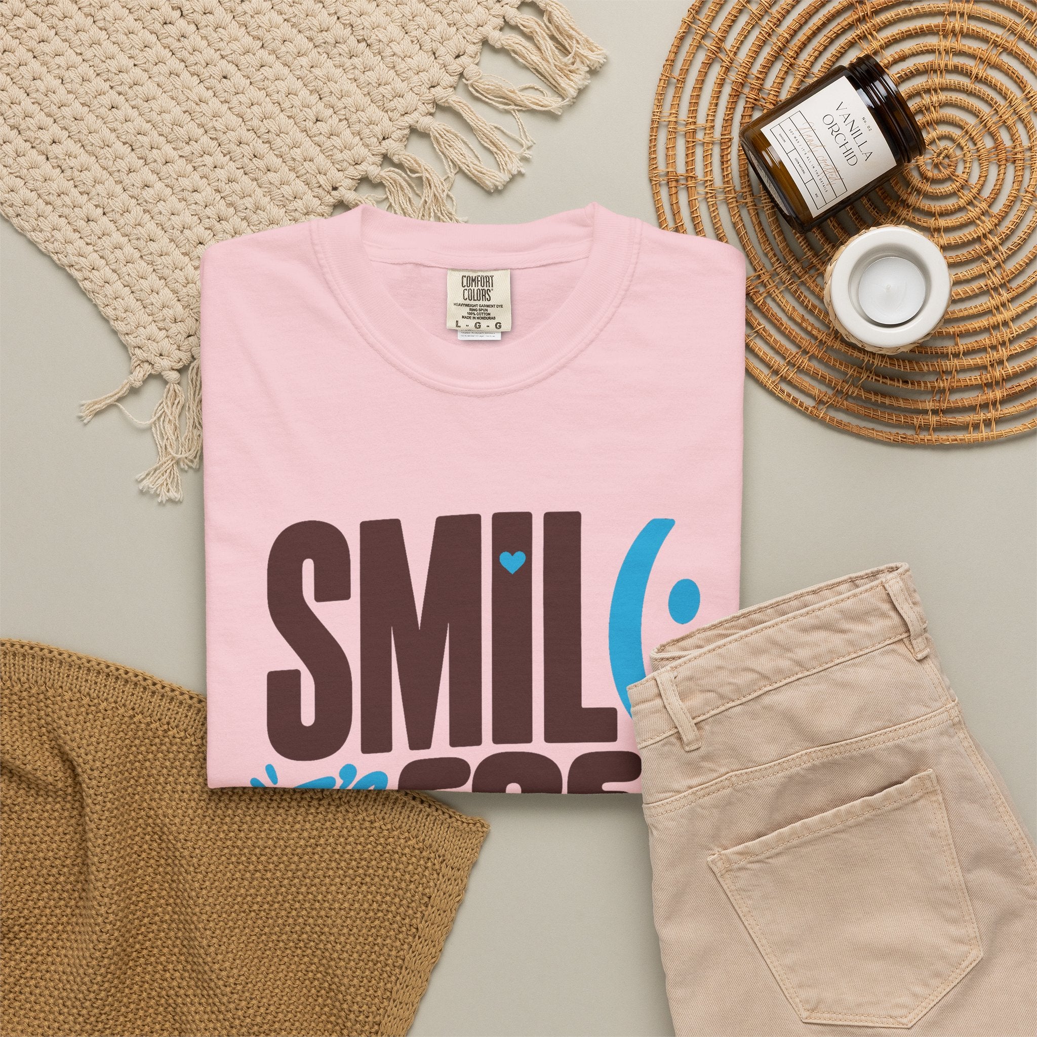 SMIL(: IT’S FREE. Brown & Bright Blue Garment-Dyed Graphic Tee