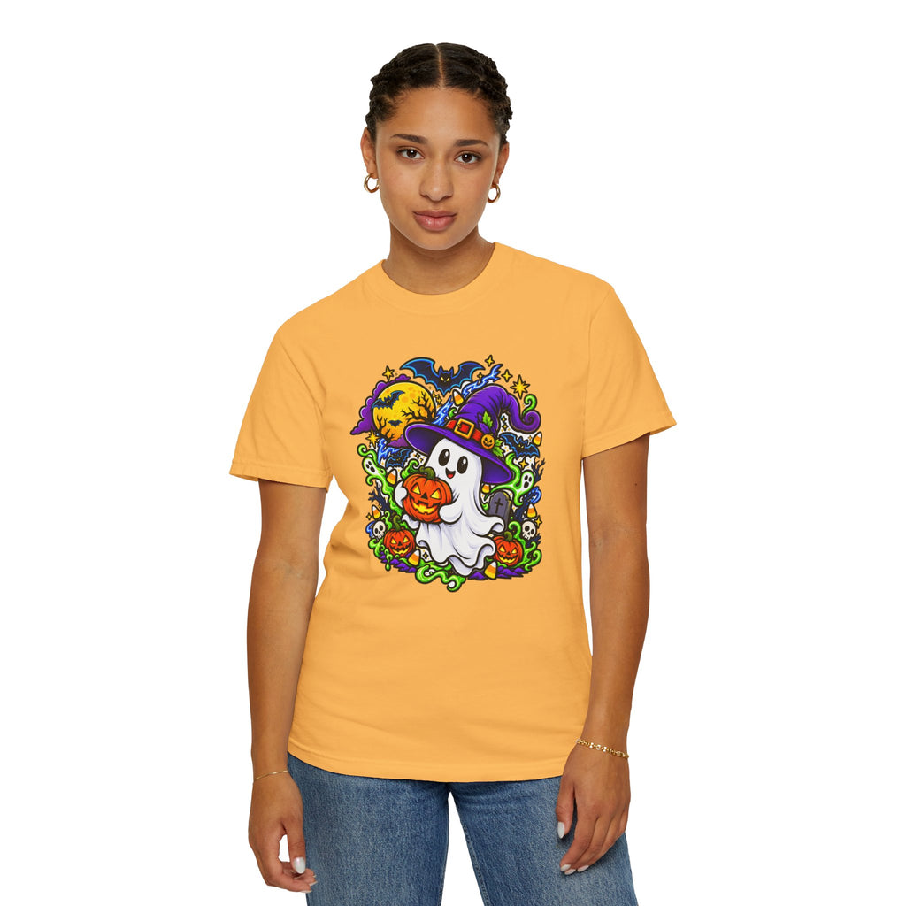Unisex Halloween Ghost & Pumpkin Tee | Vibrant Spooky Adult Shirt
