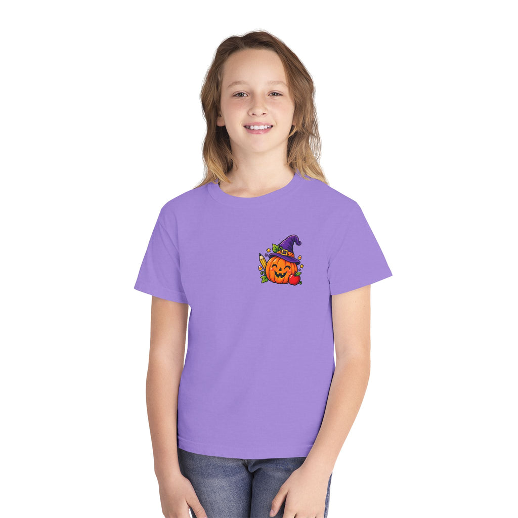 Kids Halloween Pumpkin Witch Hat Tee — Cute Jack-O'-Lantern with Apple & Pencils