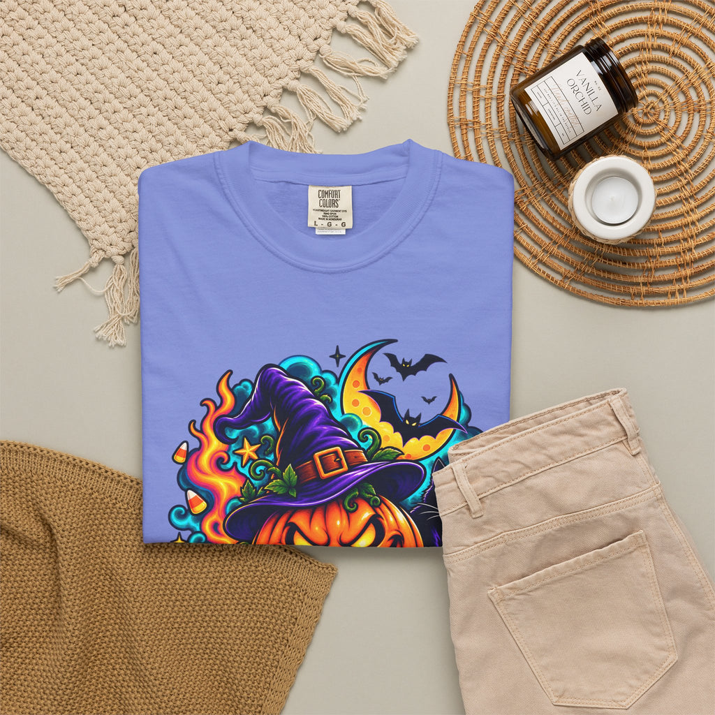 Unisex Halloween Pumpkin & Black Cat T-Shirt | Colorful Spooky Adult Tee