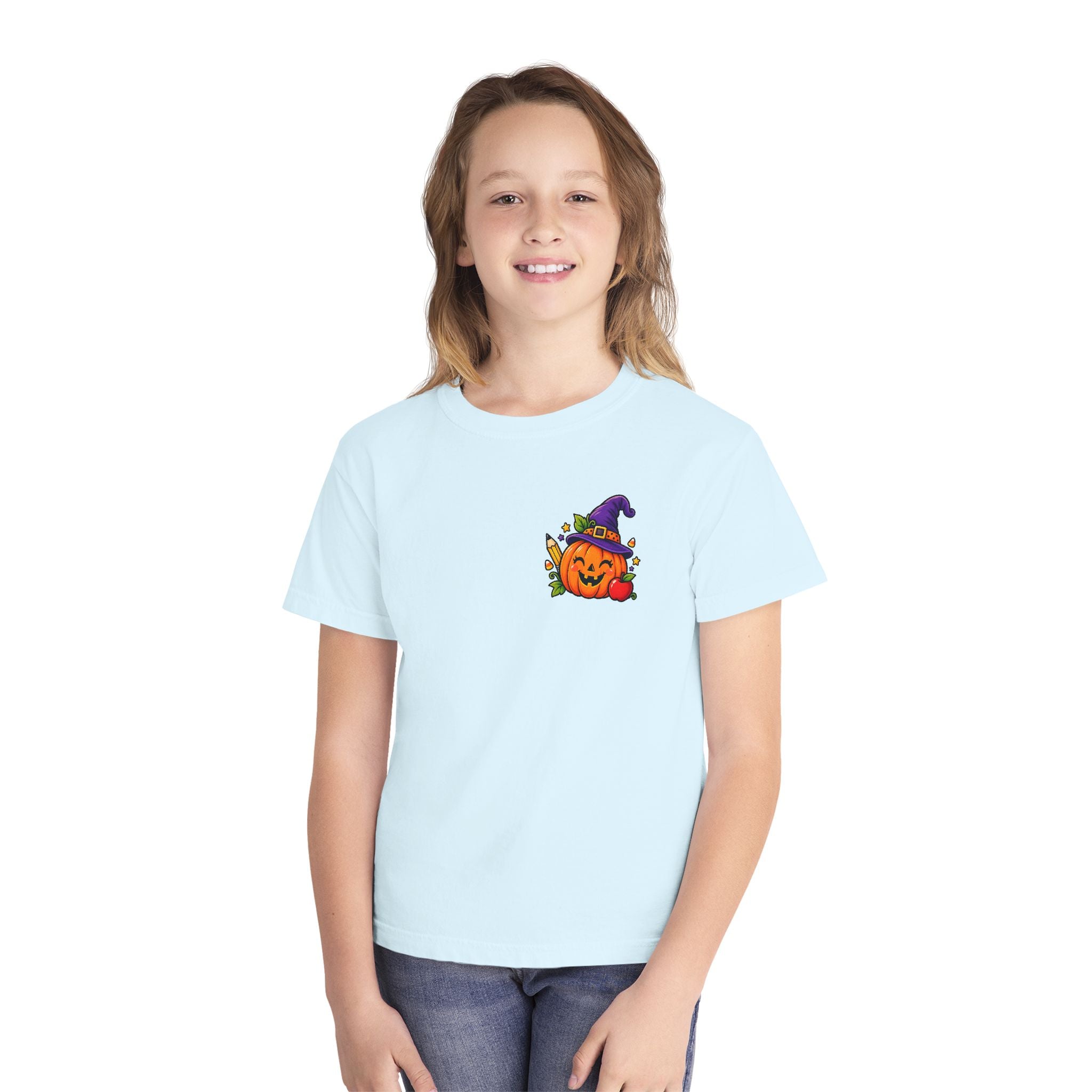 Kids Halloween Pumpkin Witch Hat Tee — Cute Jack-O'-Lantern with Apple & Pencils