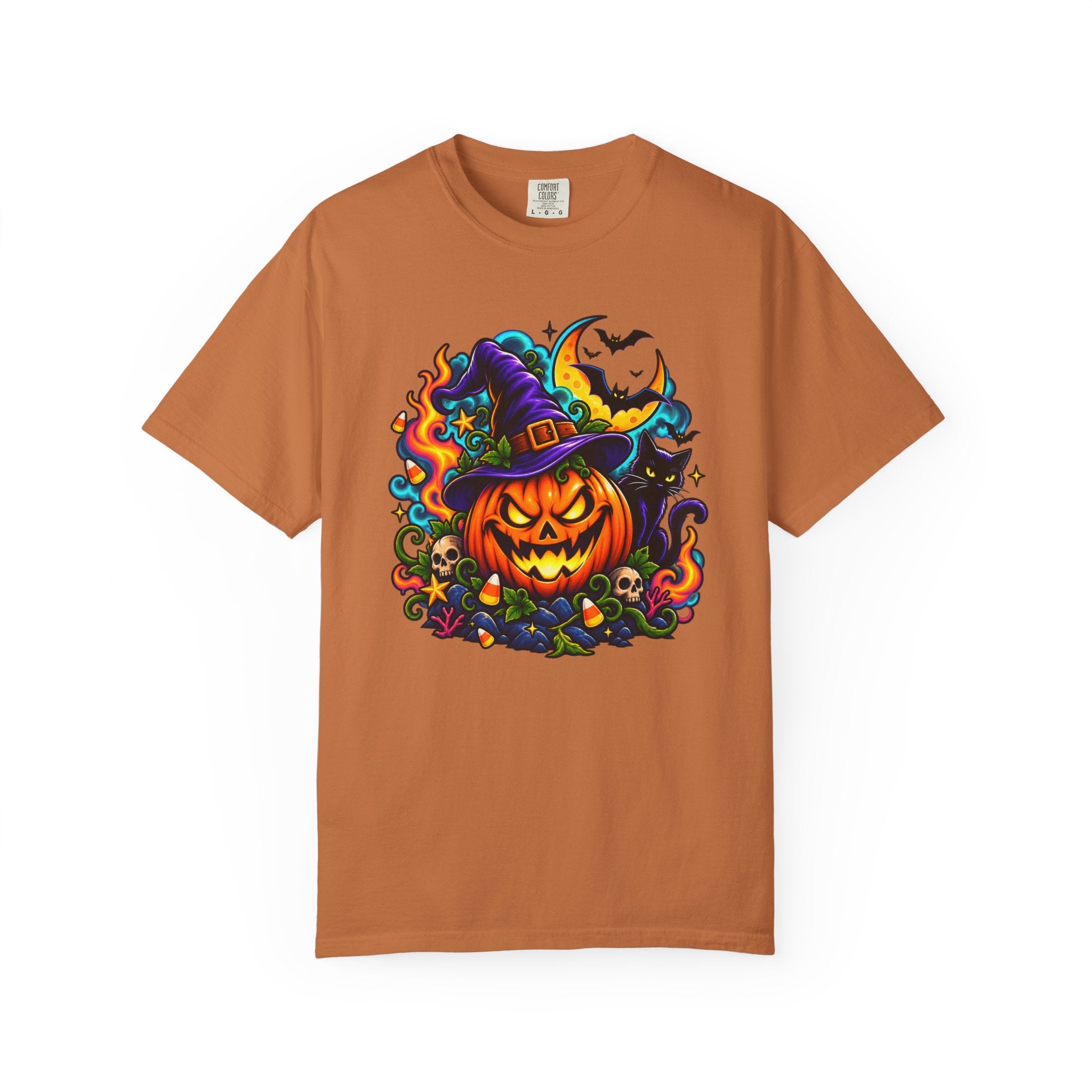 Unisex Halloween Pumpkin & Black Cat T-Shirt | Colorful Spooky Adult Tee