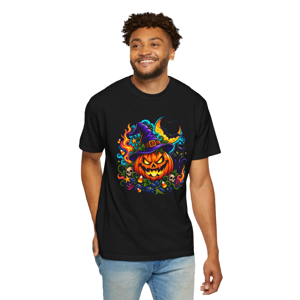 Unisex Halloween Pumpkin & Black Cat T-Shirt | Colorful Spooky Adult Tee