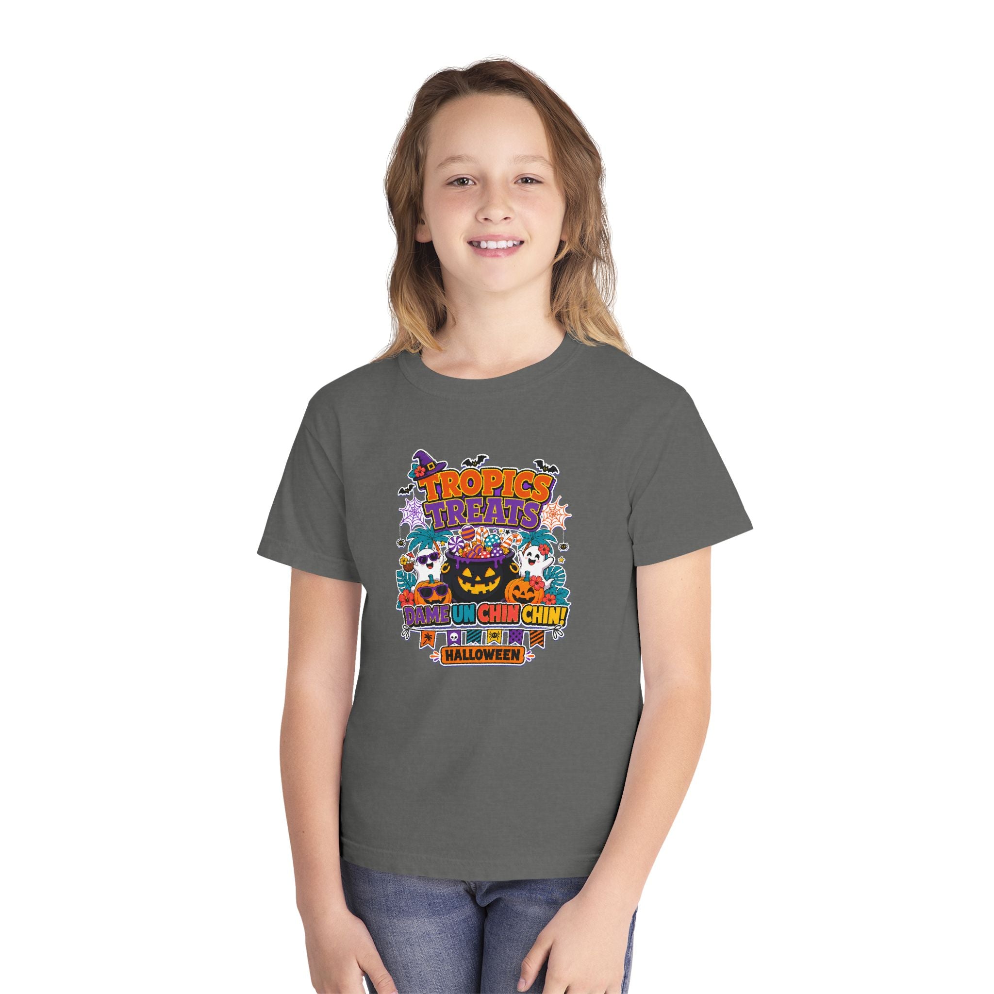 Tropics Treats Youth Halloween Retro Tee 🌴🎃
