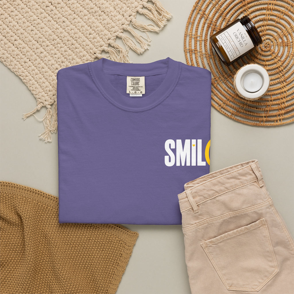 SMIL(: IT’S FREE. White & Yellow Front-and-Back Garment-Dyed Tee
