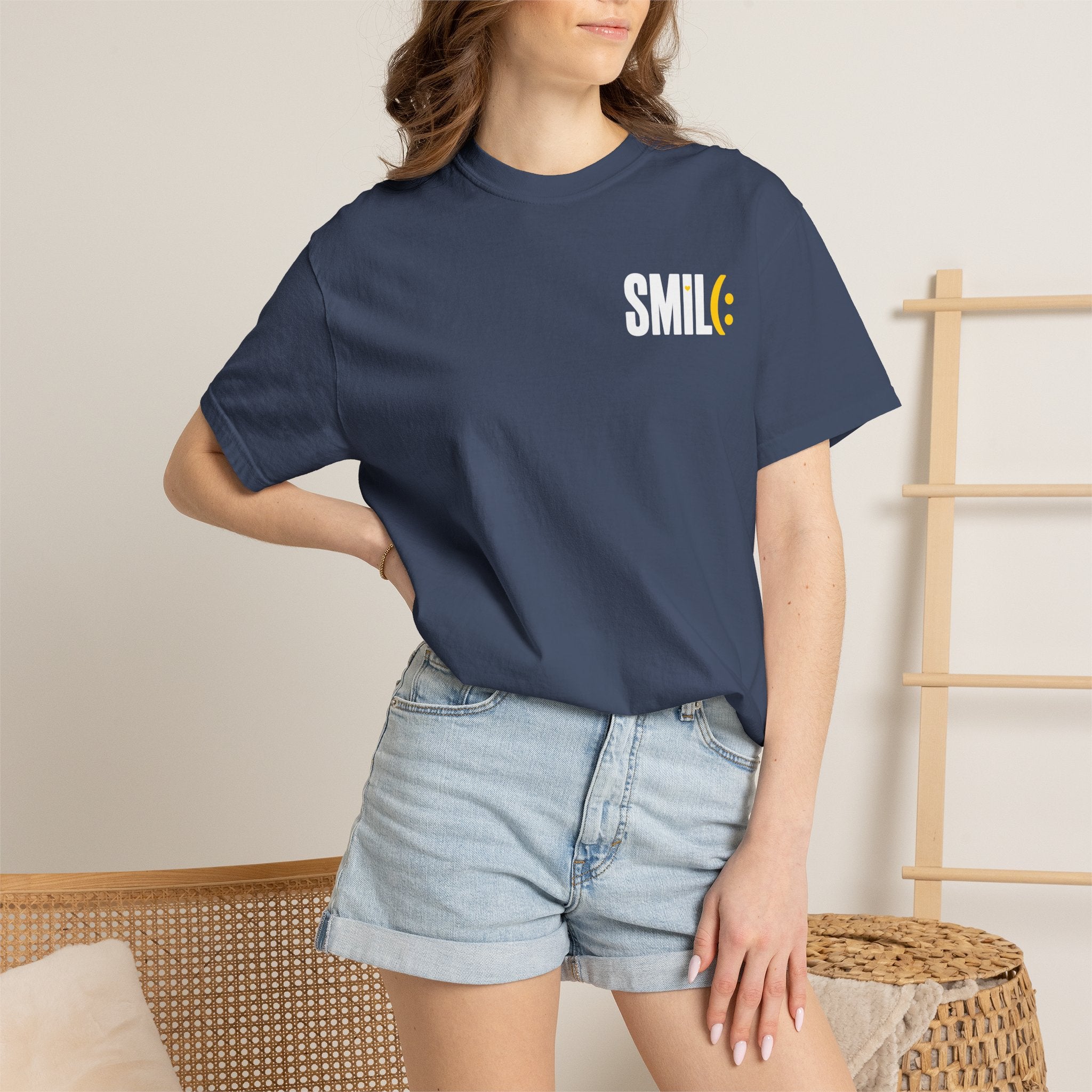 SMIL(: IT’S FREE. White & Yellow Front-and-Back Garment-Dyed Tee