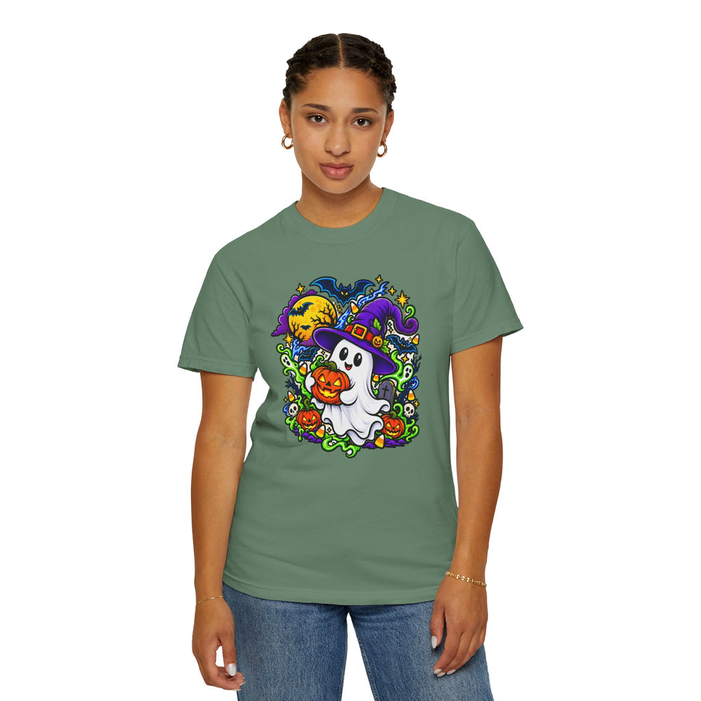 Unisex Halloween Ghost & Pumpkin Tee | Vibrant Spooky Adult Shirt