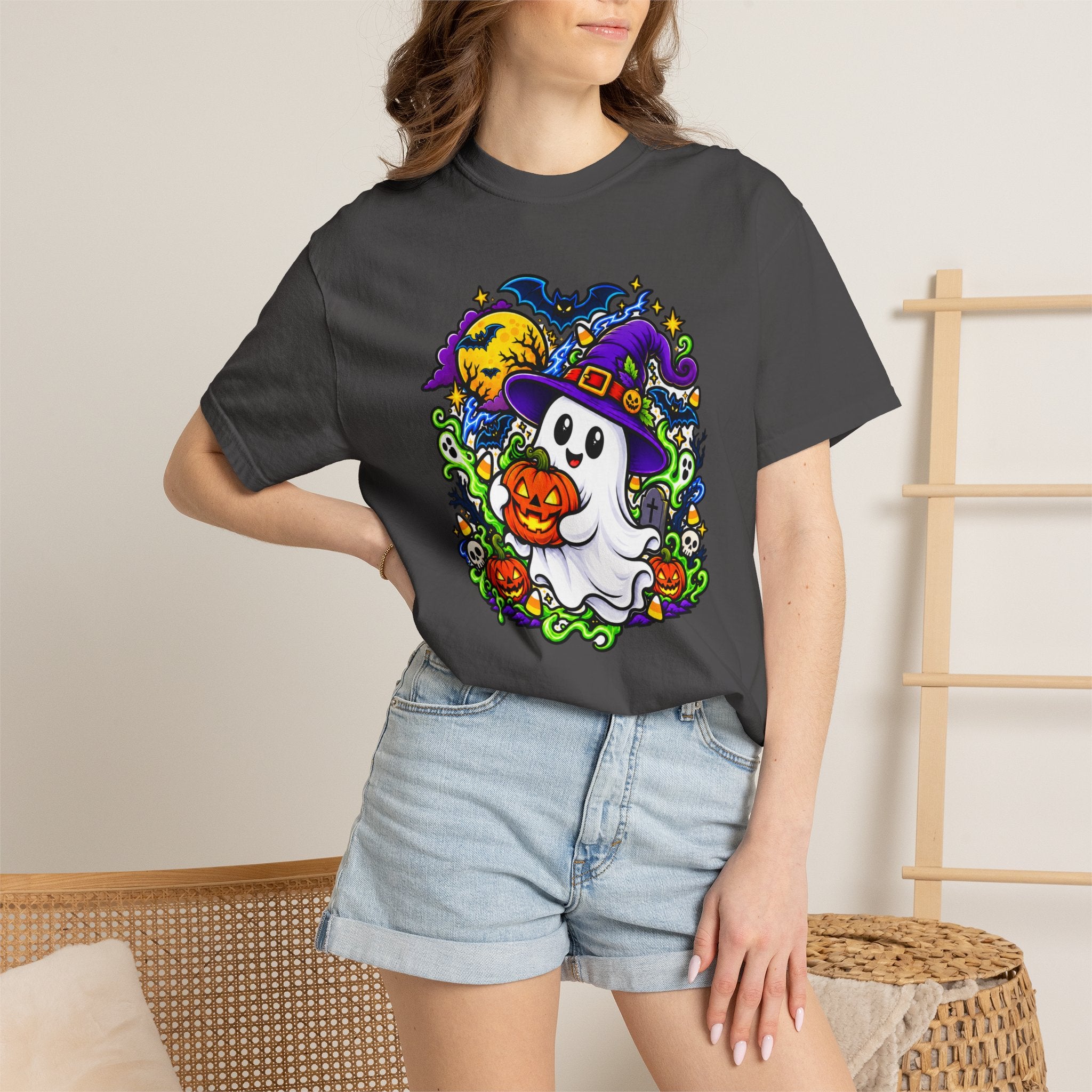 Unisex Halloween Ghost & Pumpkin Tee | Vibrant Spooky Adult Shirt
