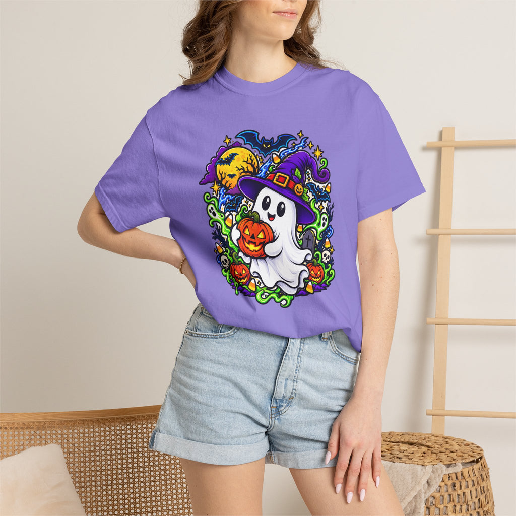 Unisex Halloween Ghost & Pumpkin Tee | Vibrant Spooky Adult Shirt