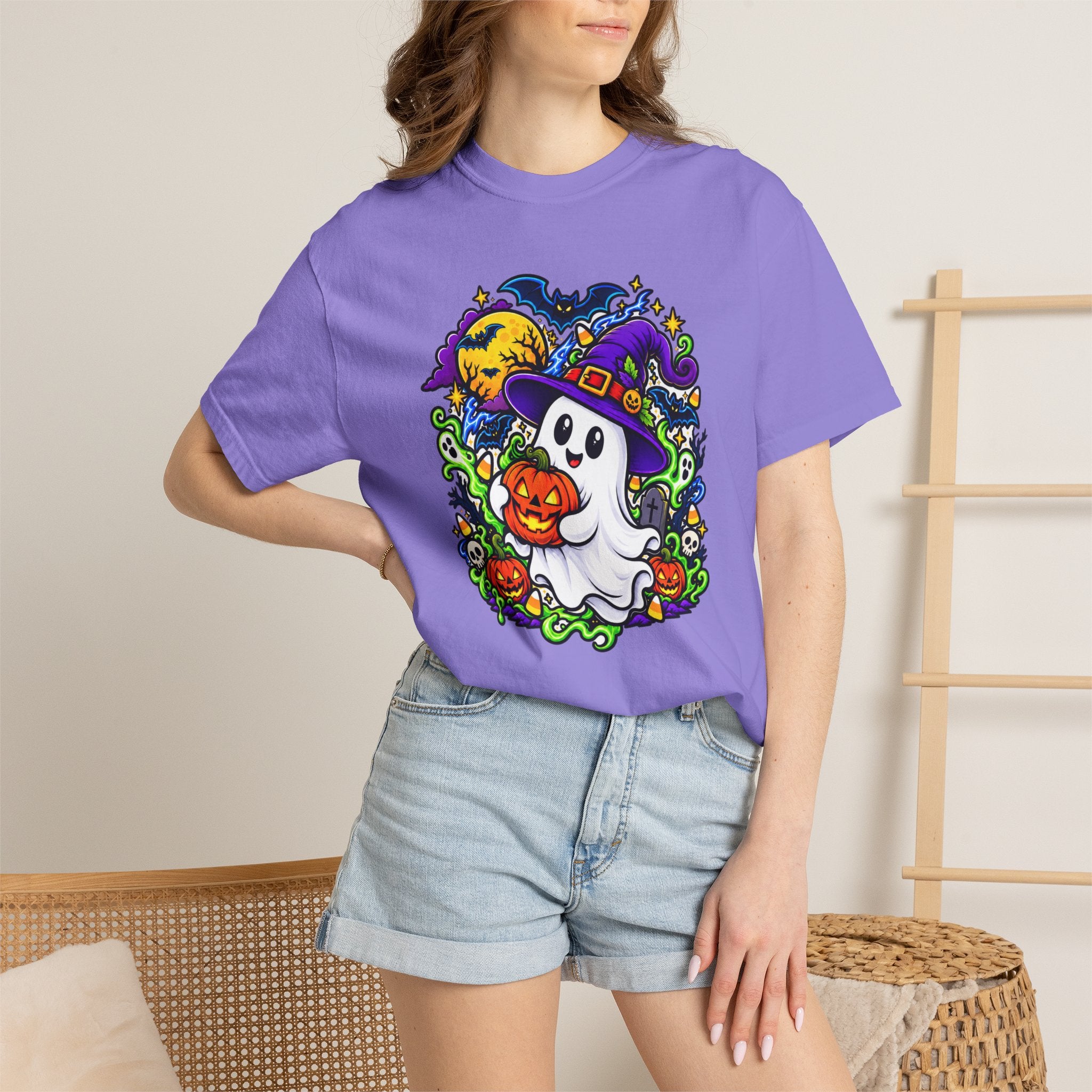 Unisex Halloween Ghost & Pumpkin Tee | Vibrant Spooky Adult Shirt