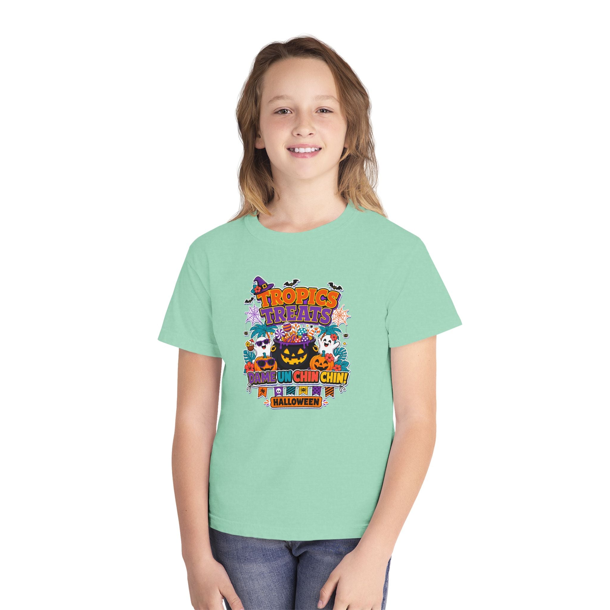 Tropics Treats Youth Halloween Retro Tee 🌴🎃