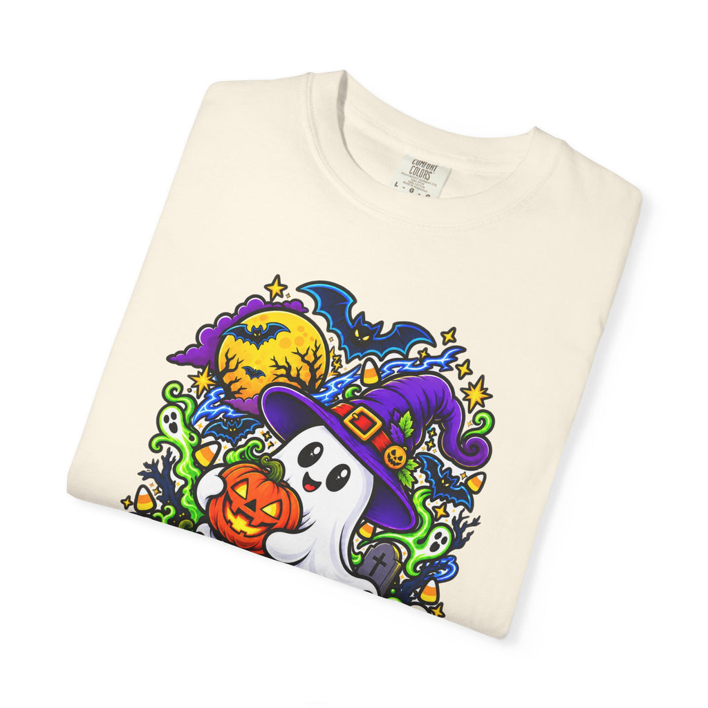 Unisex Halloween Ghost & Pumpkin Tee | Vibrant Spooky Adult Shirt