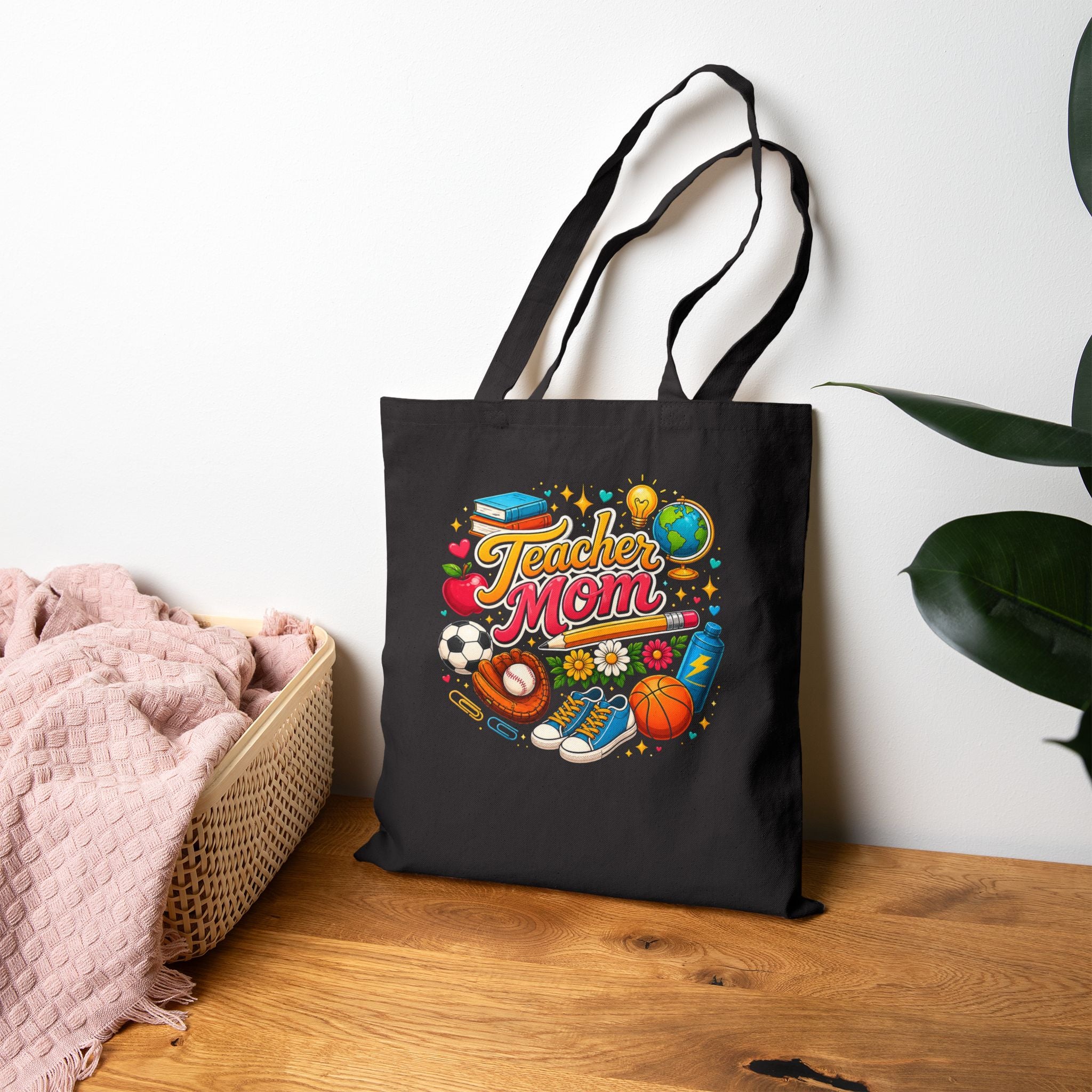 Teacher Mom Canvas Tote Bag with School Icons (Apple, Books, Sports)