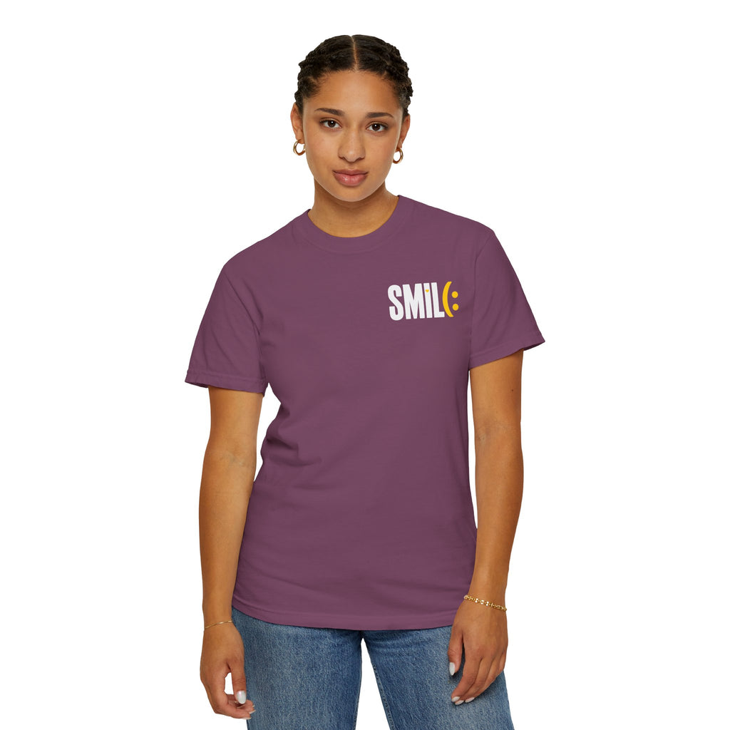 SMIL(: IT’S FREE. White & Yellow Front-and-Back Garment-Dyed Tee