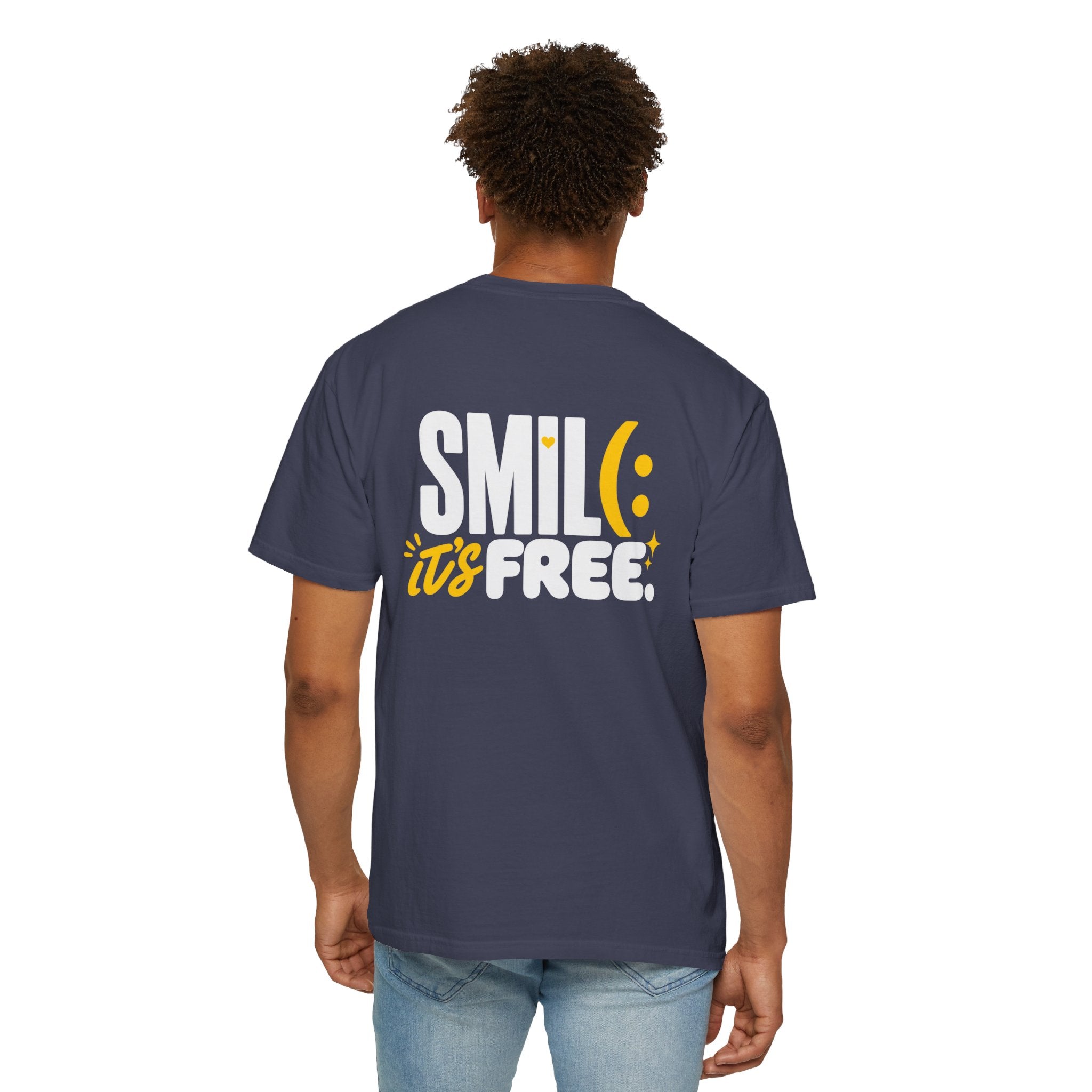 SMIL(: IT’S FREE. White & Yellow Front-and-Back Garment-Dyed Tee